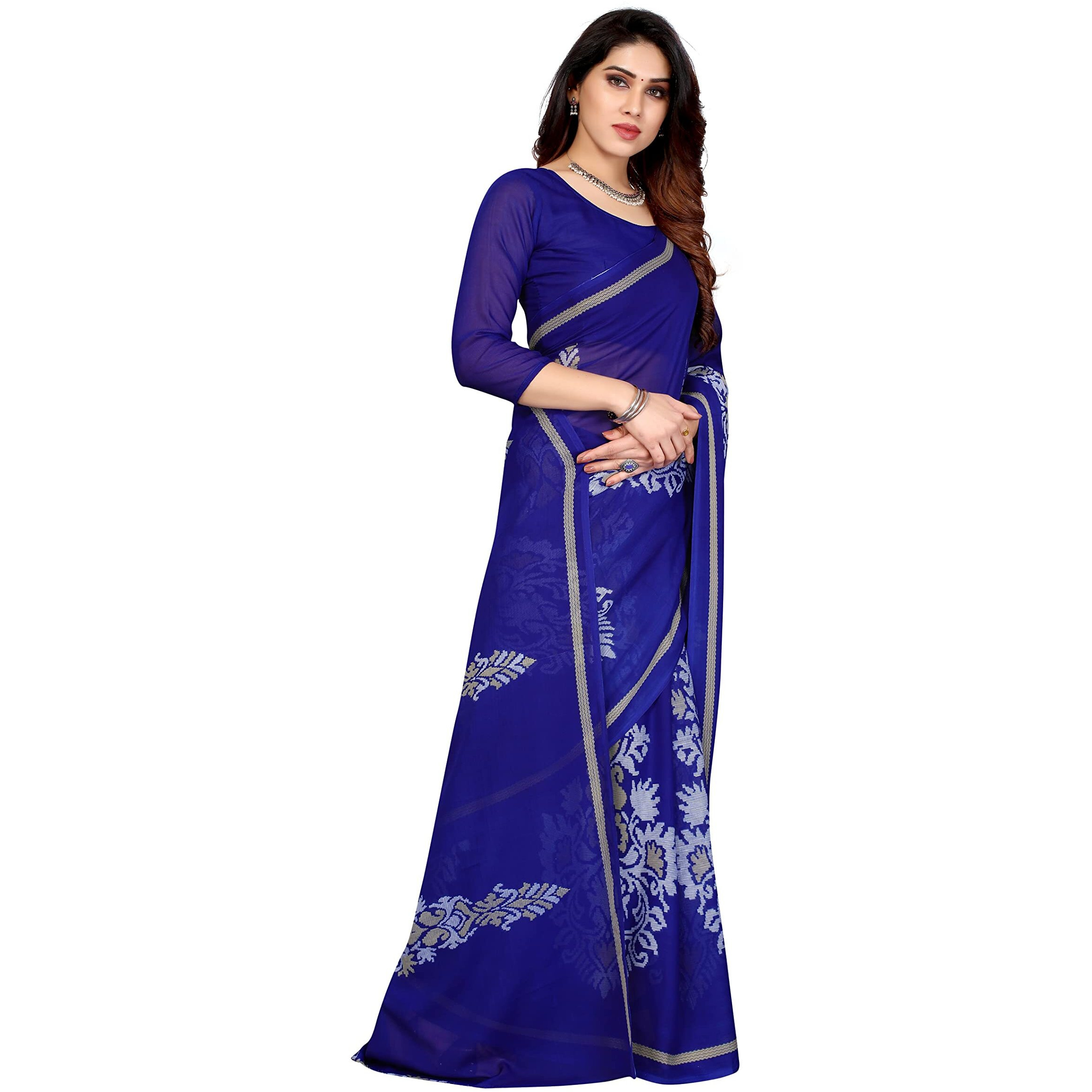 Yashika Womens Printed Georgette Saree With Blouse Piece(FLYING NAVY_Free Size)