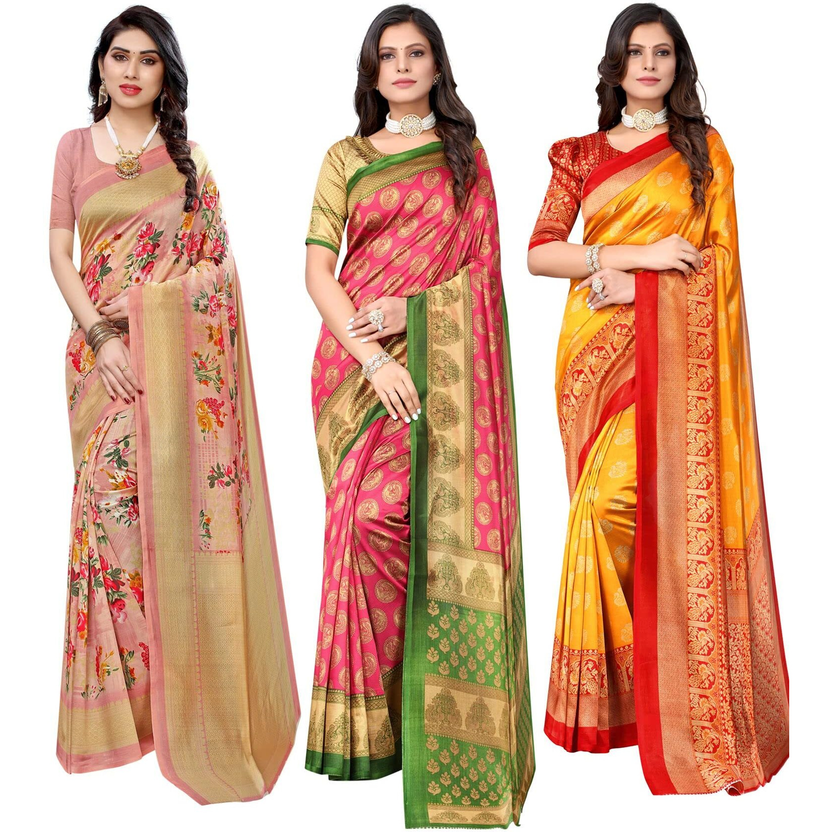Yashika Women's Combo Art Silk Saree with Blouse Piece-Pack of 3(AIR Peach-ALIFA Pink-MINALI Mustard) Multicolor-03