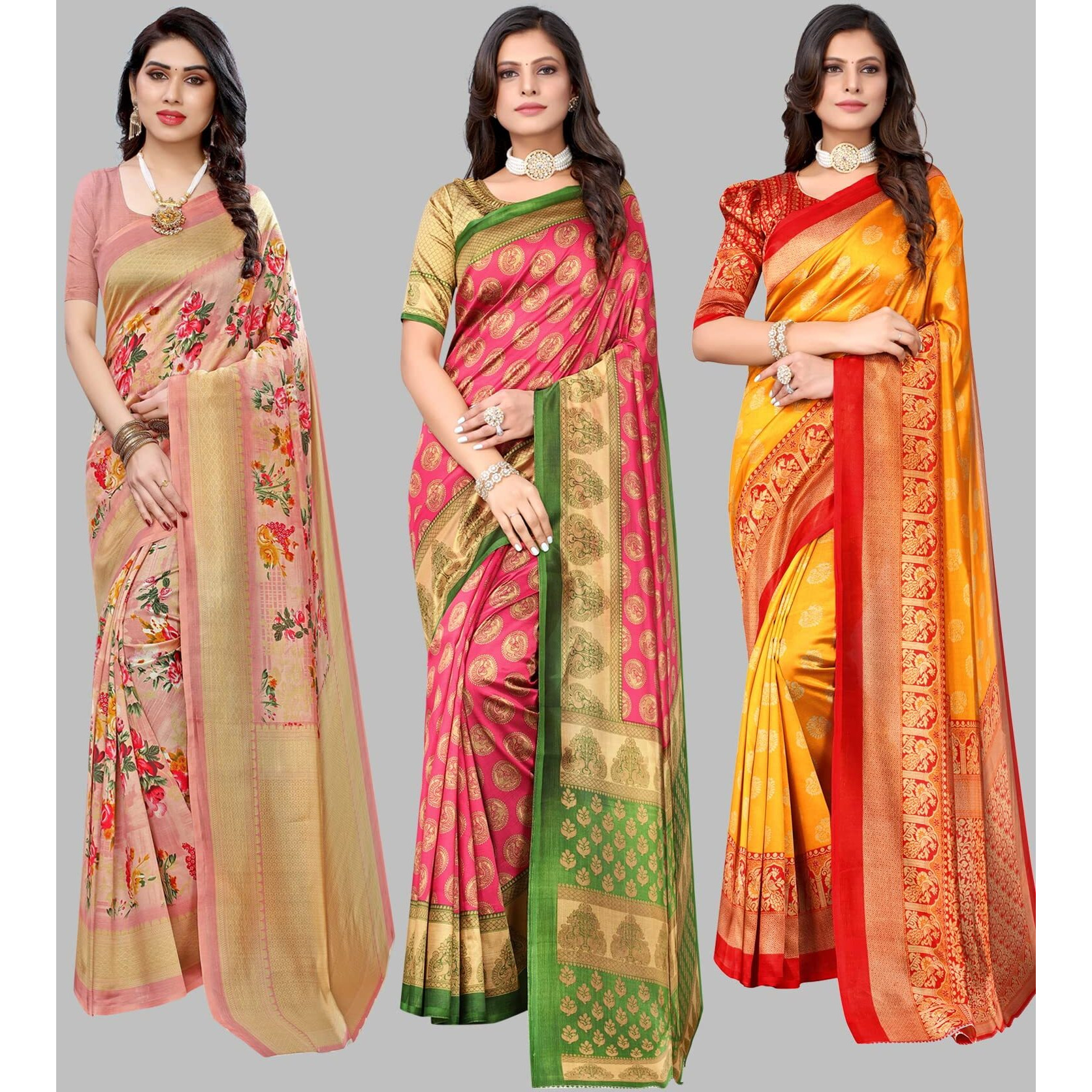 Yashika Women's Combo Art Silk Saree with Blouse Piece-Pack of 3(AIR Peach-ALIFA Pink-MINALI Mustard) Multicolor-03
