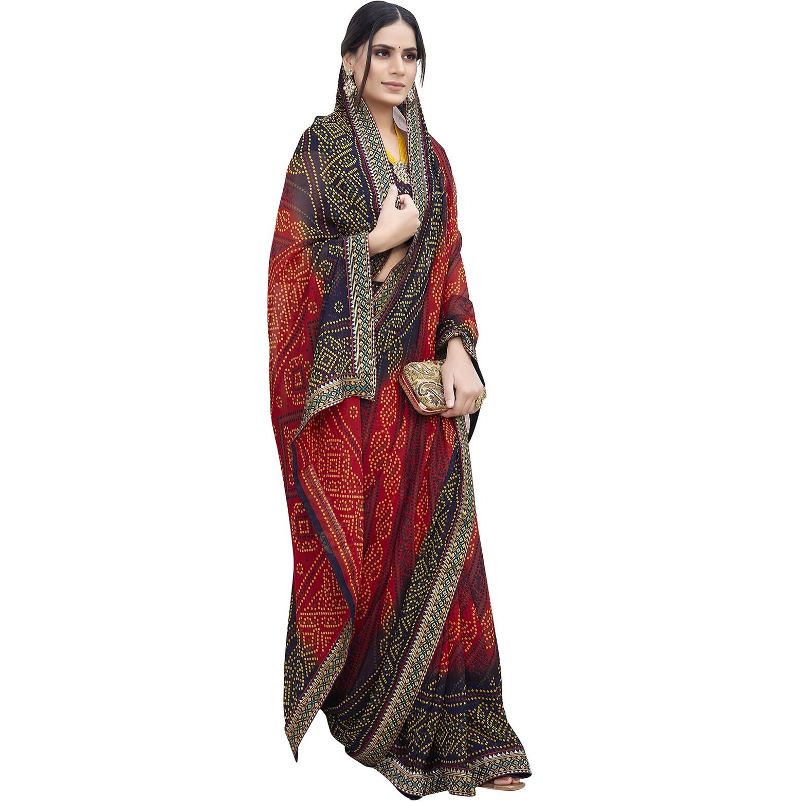 Yashika Women's Georgette Saree Printed Saree With Unstitched Blouse Material - Suitable For All Indian Occasions and Festivals (AZ-YS-OG-BASANT RED NAVY)