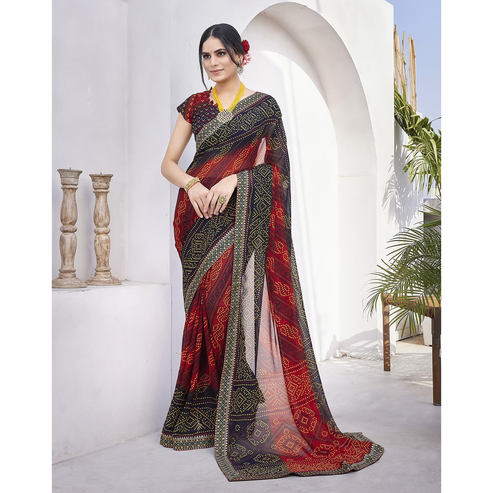 Yashika Women's Georgette Saree Printed Saree With Unstitched Blouse Material - Suitable For All Indian Occasions and Festivals (AZ-YS-OG-BASANT RED NAVY)