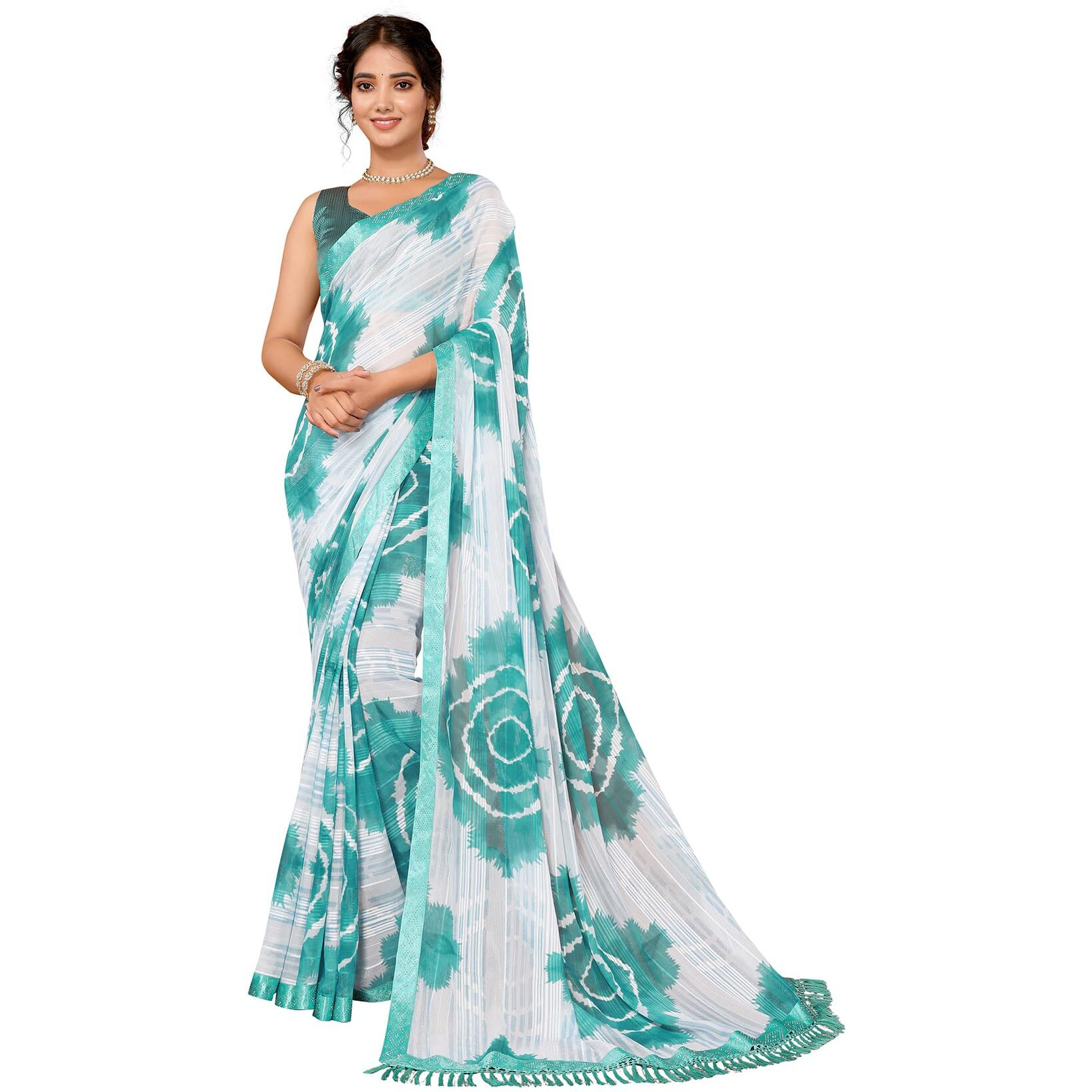 Yashika Women's Weightless Georgette Satin Printed Hot Fix Swarovski Lace with Tassels Unstitched Blouse Material Saree (AZ-YS-P1-SUFIYA-Parent_Rama)