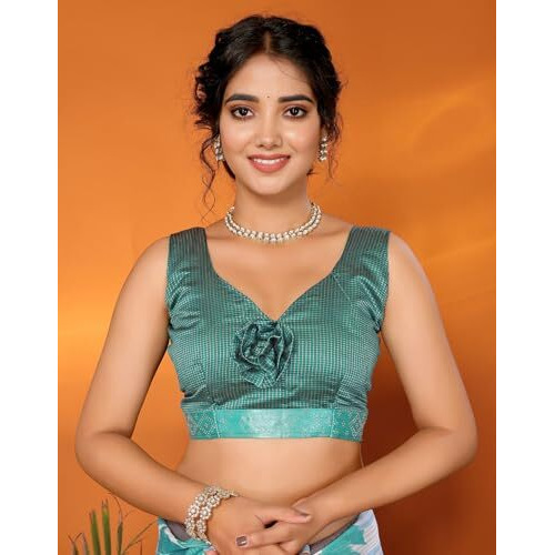 Yashika Women's Weightless Georgette Satin Printed Hot Fix Swarovski Lace with Tassels Unstitched Blouse Material Saree (AZ-YS-P1-SUFIYA-Parent_Rama)