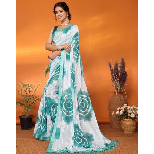 Yashika Women's Weightless Georgette Satin Printed Hot Fix Swarovski Lace with Tassels Unstitched Blouse Material Saree (AZ-YS-P1-SUFIYA-Parent_Rama)