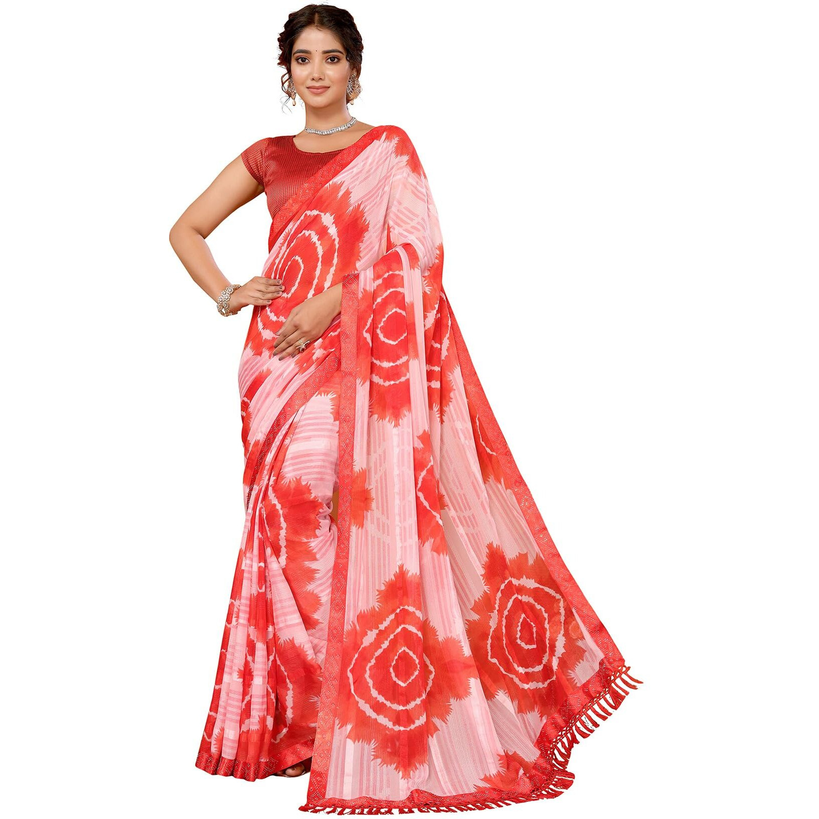 Yashika Women's Weightless Georgette Satin Printed Hot Fix Swarovski Lace with Tassels Unstitched Blouse Material Saree (AZ-YS-P1-SUFIYA-Parent_Red)