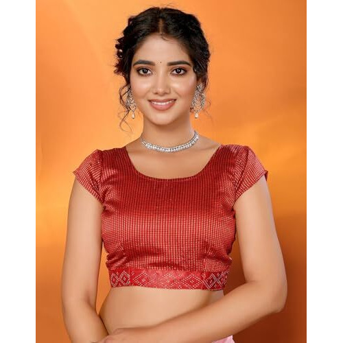Yashika Women's Weightless Georgette Satin Printed Hot Fix Swarovski Lace with Tassels Unstitched Blouse Material Saree (AZ-YS-P1-SUFIYA-Parent_Red)