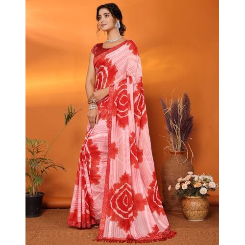 Yashika Women's Weightless Georgette Satin Printed Hot Fix Swarovski Lace with Tassels Unstitched Blouse Material Saree (AZ-YS-P1-SUFIYA-Parent_Red)
