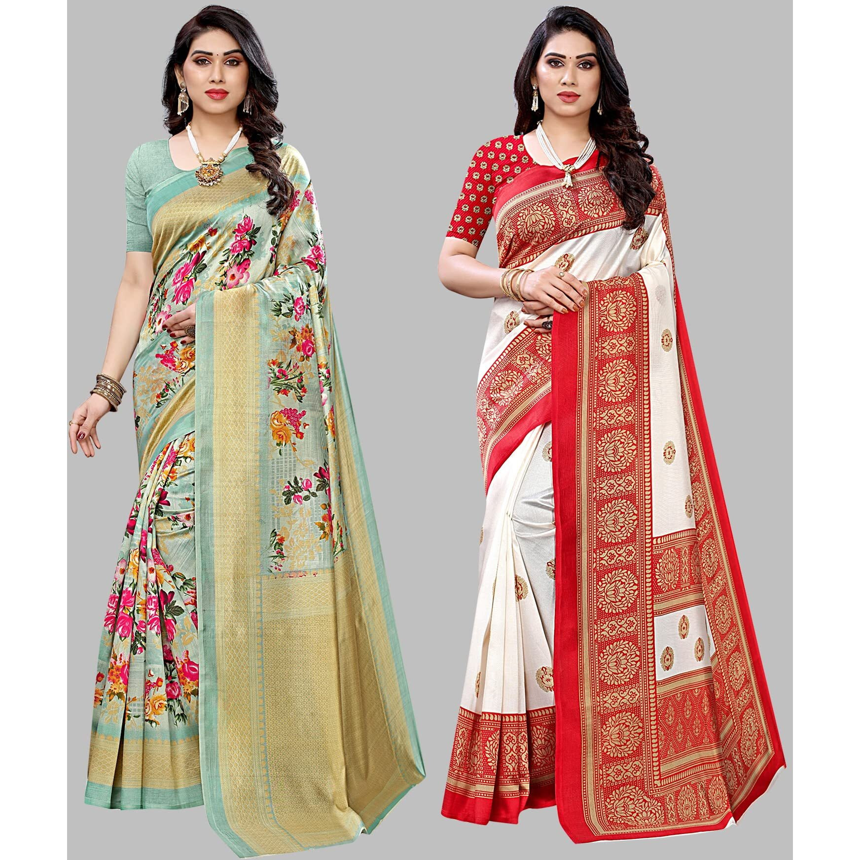 Yashika Women's Combo Art Silk Printed Saree With Blouse Piece Pack Of 2(AIR LIGHT GREEN-AAMRAPALI RED)