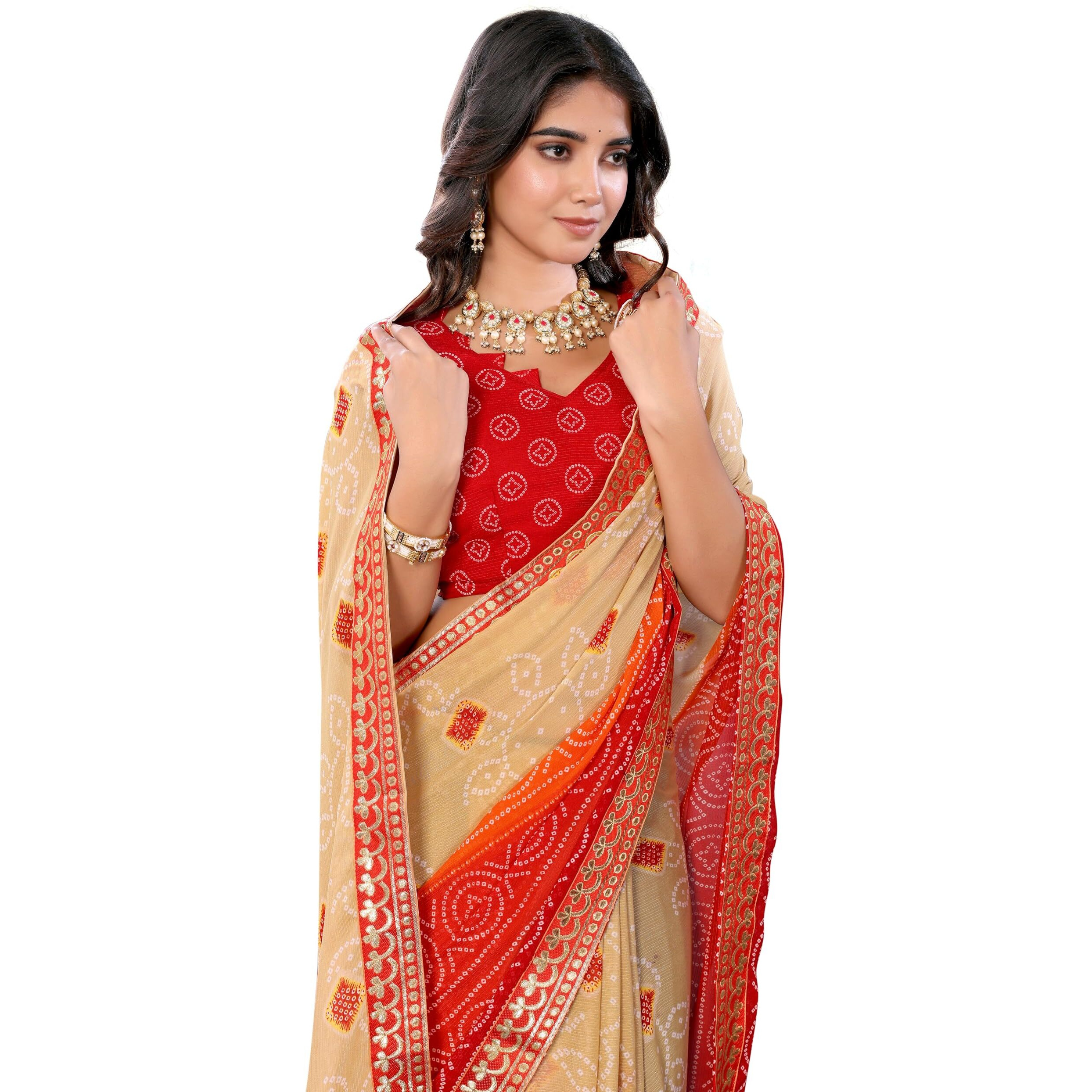 Yashika Women's Woven Latest Georgette Saree with Lace and Blouse Material (AZ-YS-P3-AACHAL-KORAM-Parent-NEW_Chiku Red)