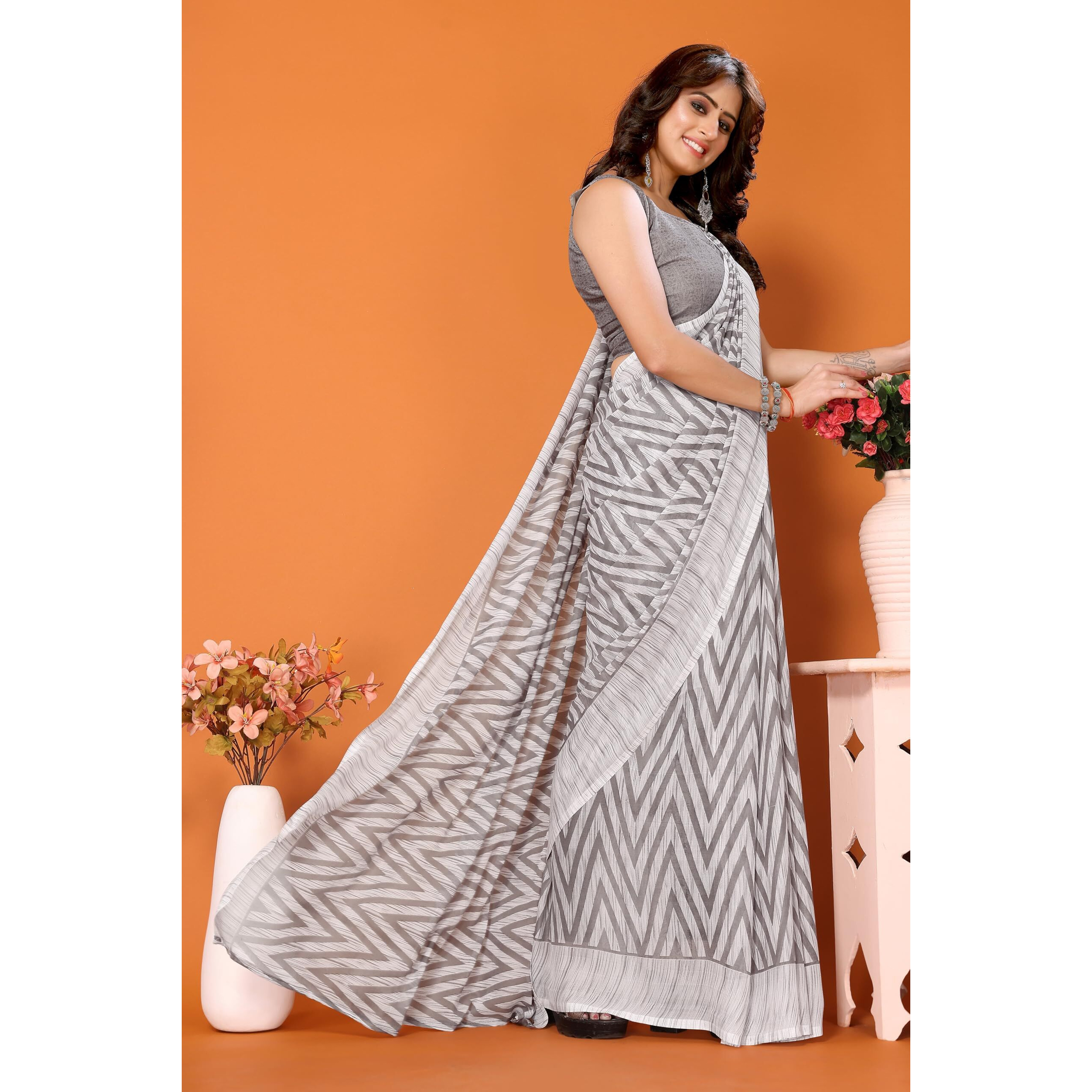 Yashika Women's Trendy Georgette Grey Color Saree with Blouse Material(PAMMI GREY)