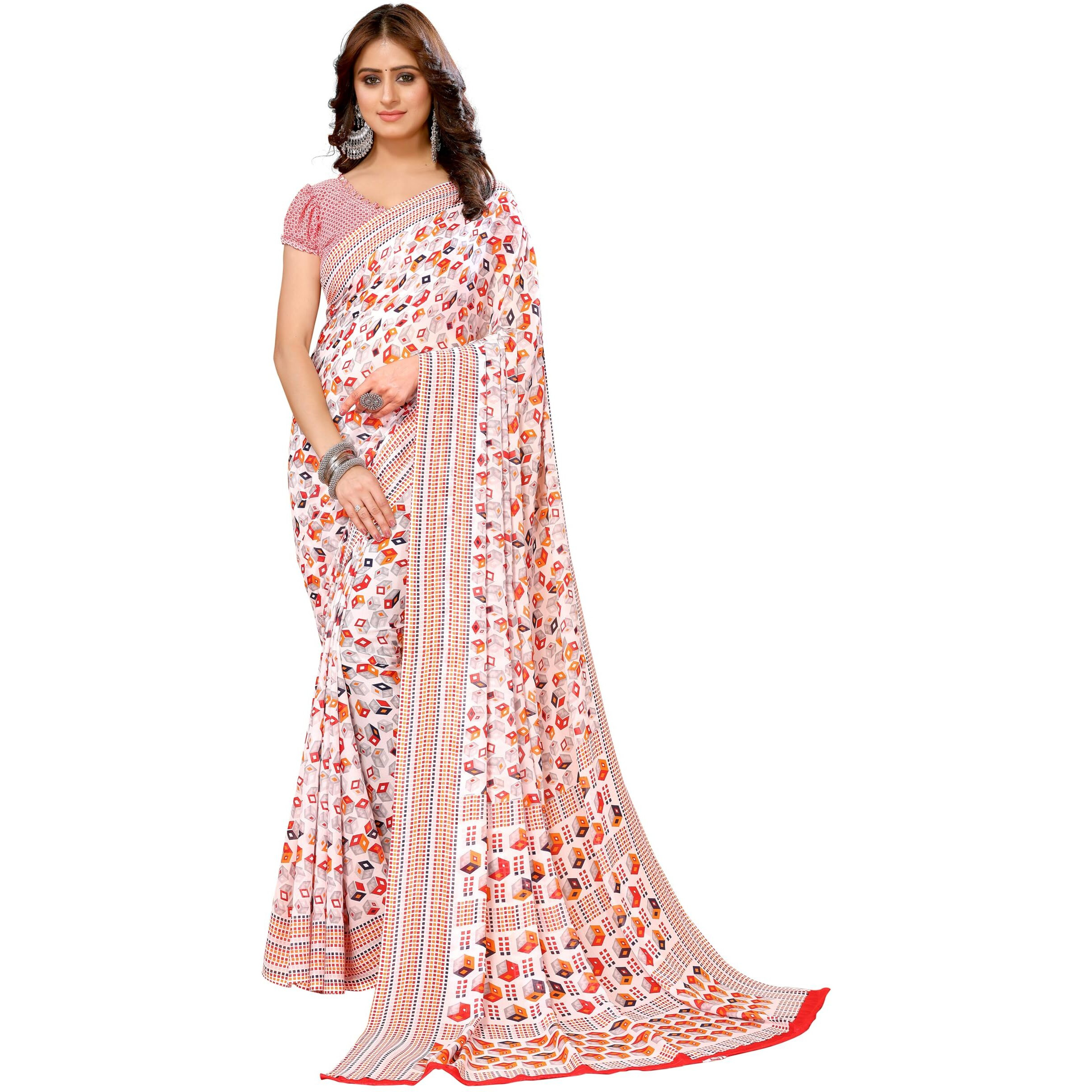 Yashika Women's Trendy Georgette White Red Color Saree with Blouse Material(JUNALI WHITE RED)