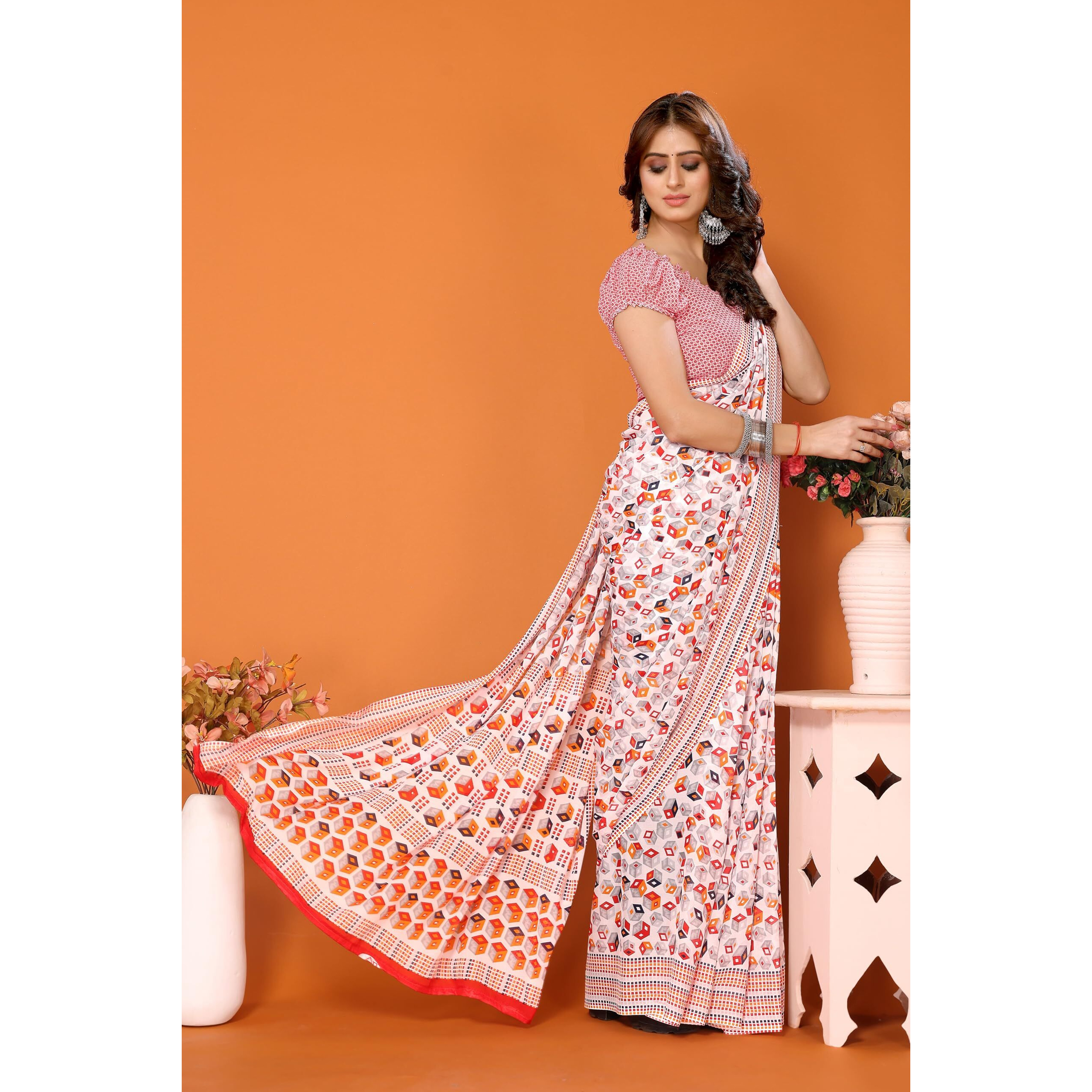Yashika Women's Trendy Georgette White Red Color Saree with Blouse Material(JUNALI WHITE RED)