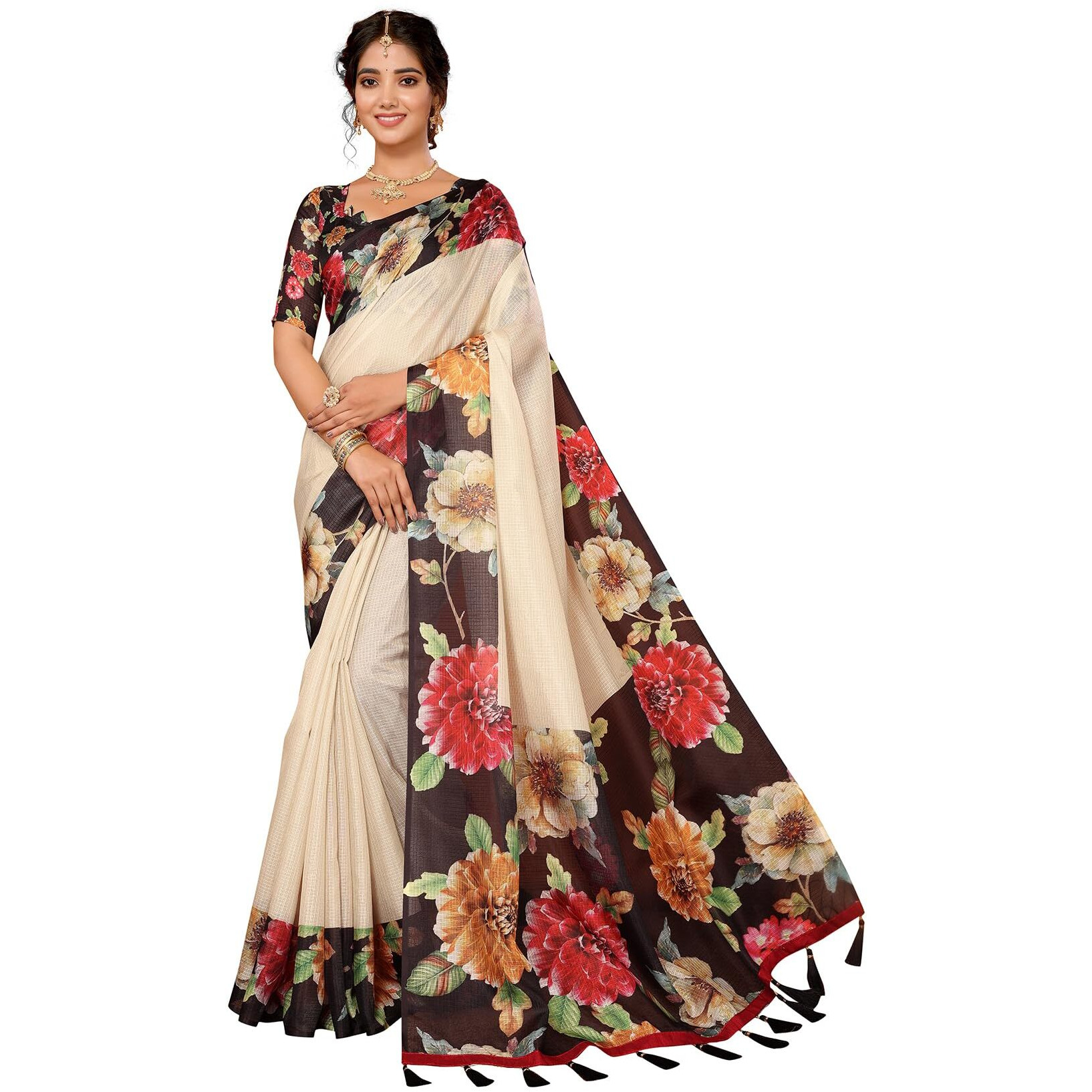Yashika Digital Print Cotton Silk Kota Checks with Tassels Unstitched Blouse Material Printed Stylish Saree for Women (AZ-YS-P1-KIRTI-Parent_Black)
