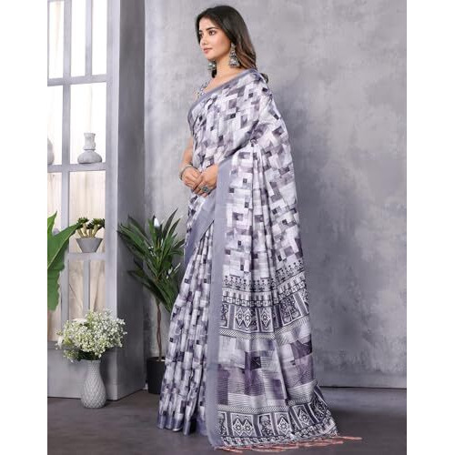Yashika Women's Digital Print Art Silk Cotton Saree with Tassels and Golden Border - Lightweight and Elegant Ethnic Wear for Festive and Casual Occasions (AZ-YS-P3-PUSHPA 14)
