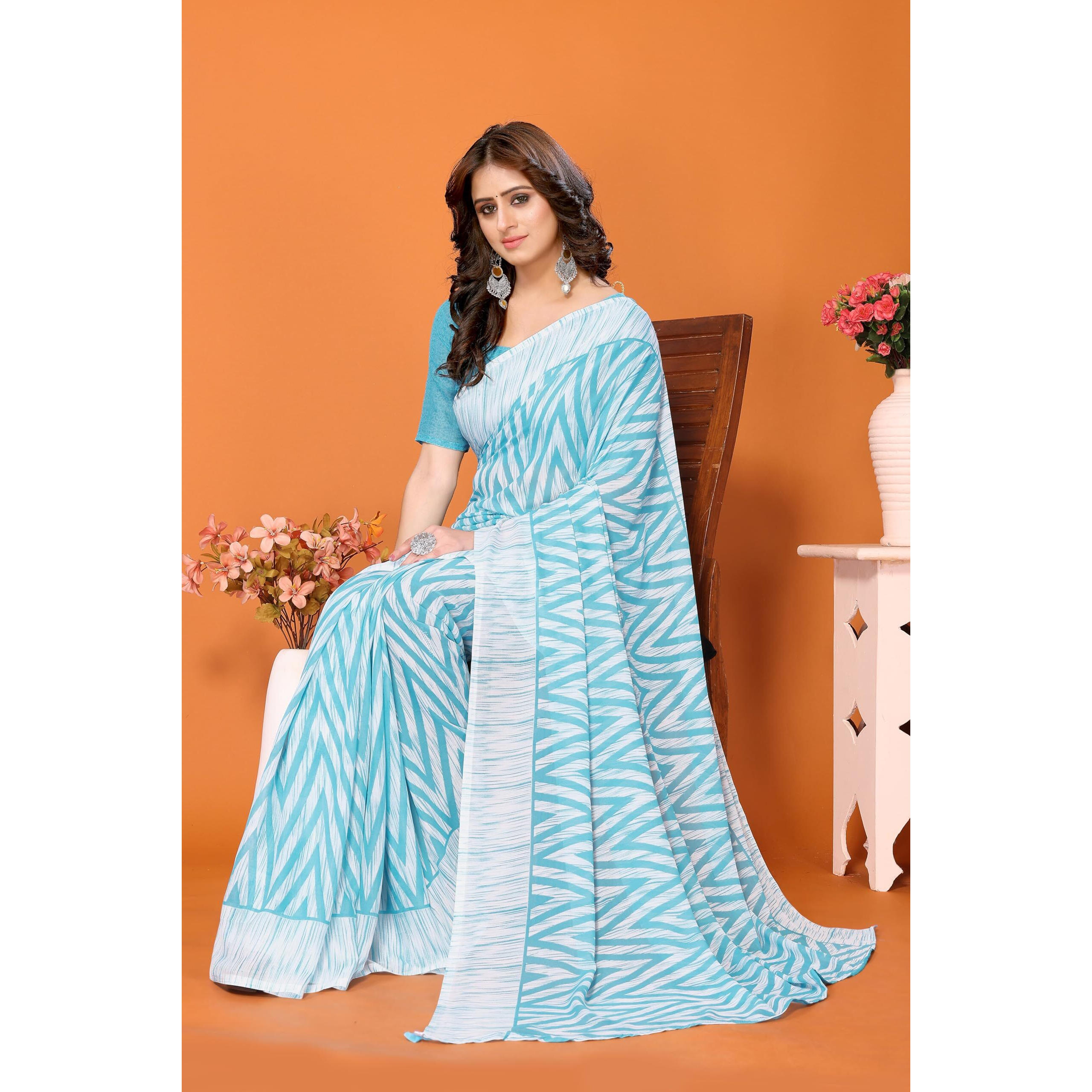 Yashika Women's Trendy Georgette Sky Blue Color Saree with Blouse Material(PAMMI SKY BLUE)