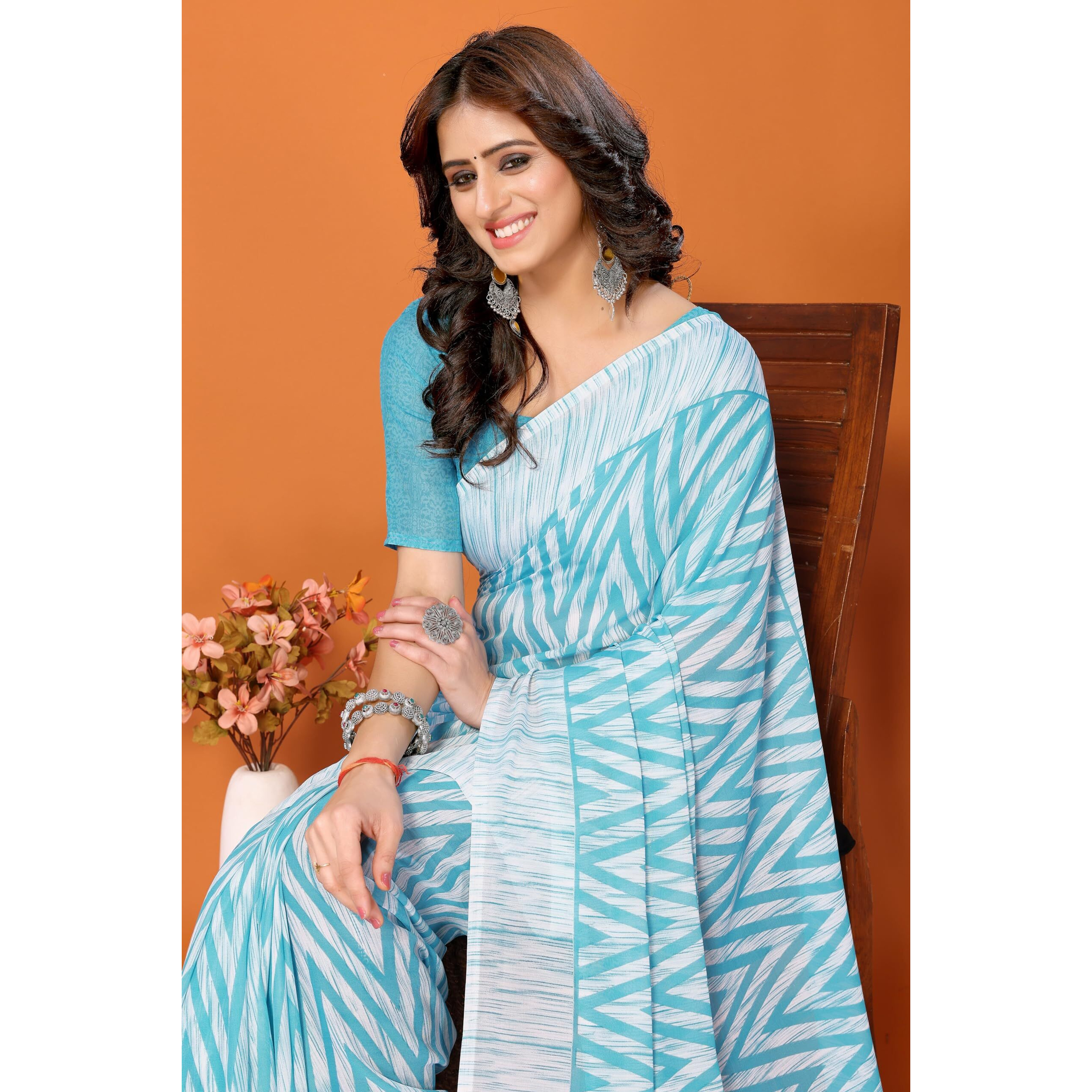 Yashika Women's Trendy Georgette Sky Blue Color Saree with Blouse Material(PAMMI SKY BLUE)
