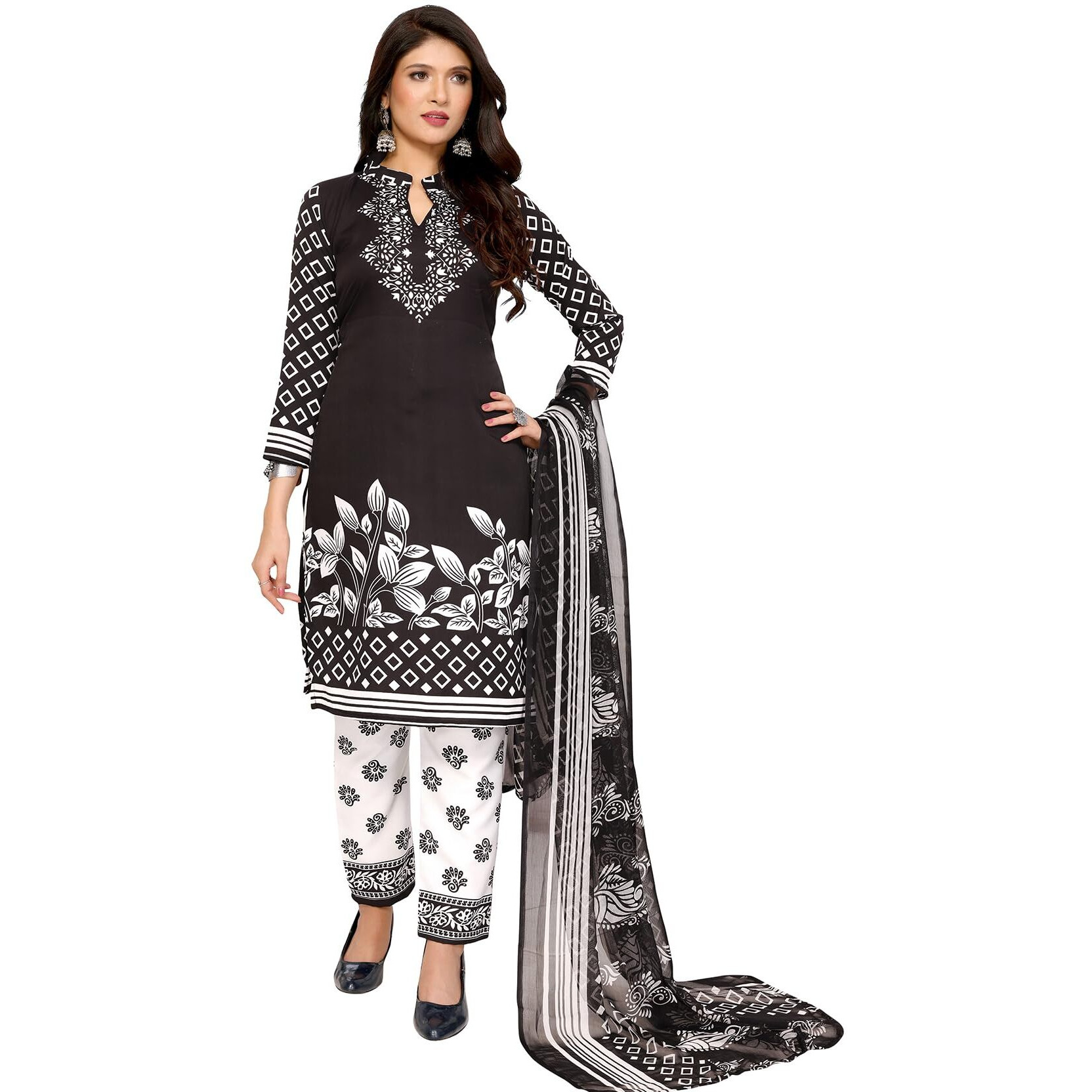 Yashika Women's Printed Dress Material - Unstitched Crepe Fabric Kurti, Pants & Dupatta Set (AZ-YS-P1-PRISHA BLACK)
