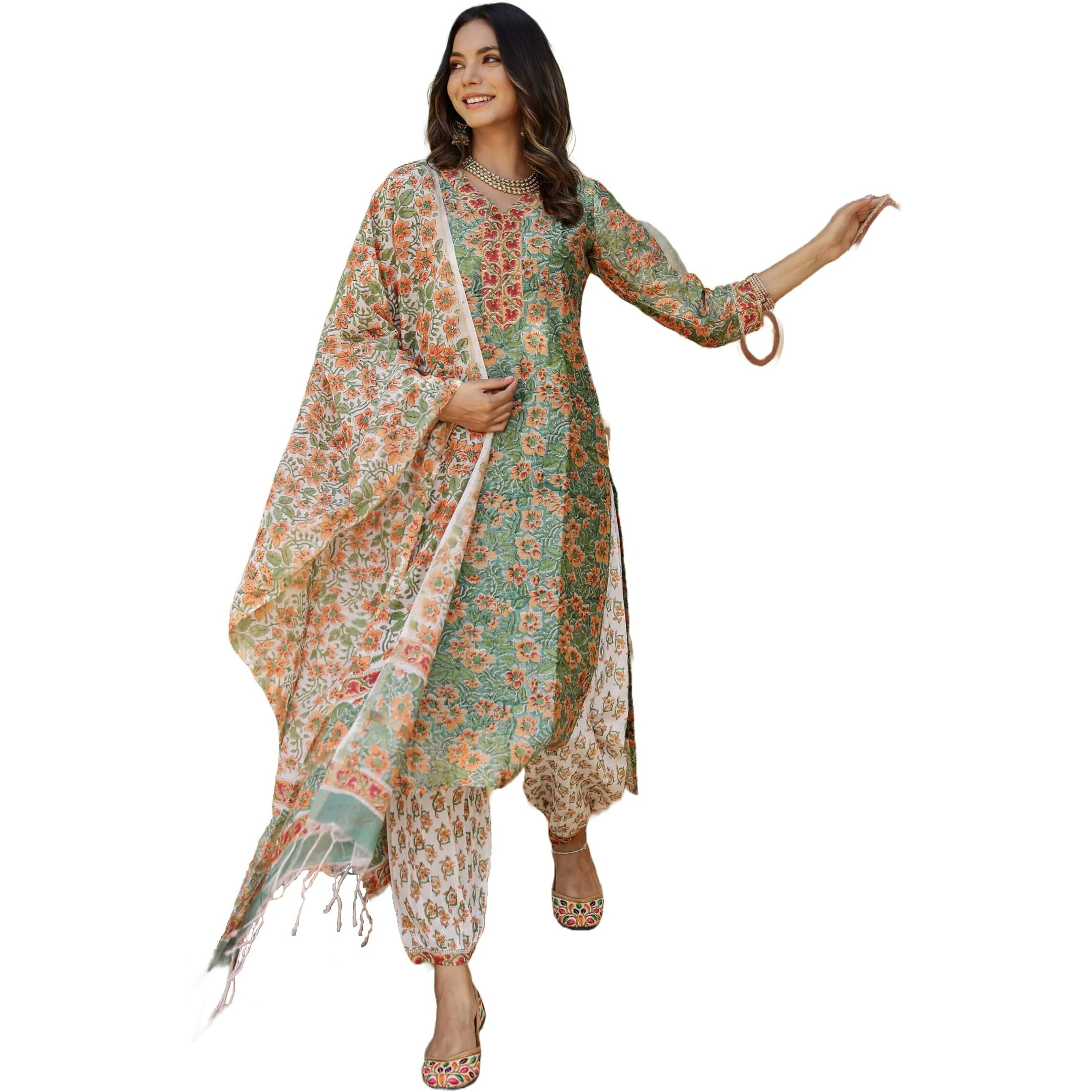 Yashika Women's Cotton Blend Floral Regular Kurta Where Meets Trend Stay Fashion-Forward Yet Rooted in Tradition with Our Stylish Ethnic Sets (AZ-YS-OG-KS2137-Parent_Green_L)