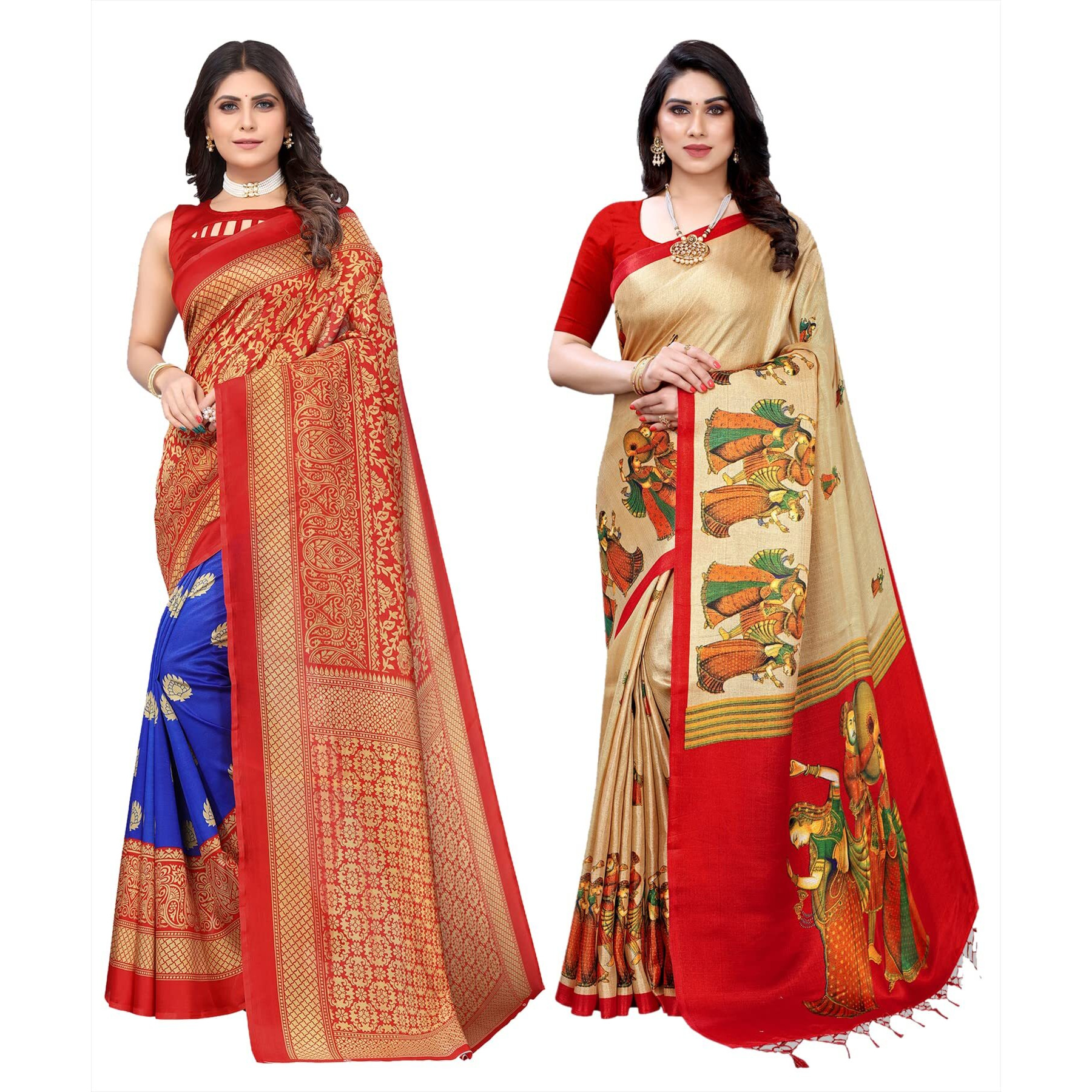 Yashika Women's Combo Art Silk Printed Saree With Blouse Piece Pack Of 2(METRO ROYAL BLUE-RAJARANI CHICKU)