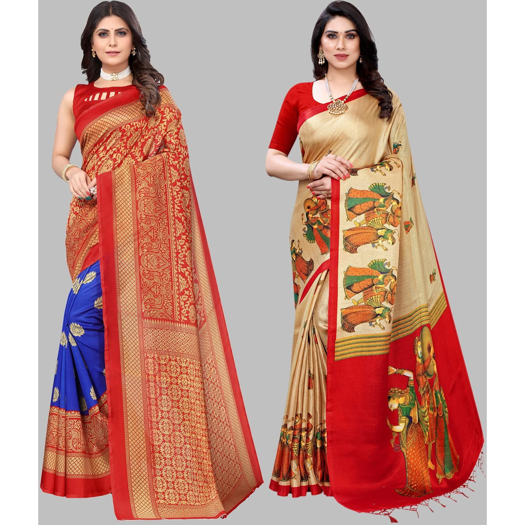 Yashika Women's Combo Art Silk Printed Saree With Blouse Piece Pack Of 2(METRO ROYAL BLUE-RAJARANI CHICKU)