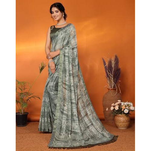 Yashika Women's Weightless Georgette Satin Printed Hot Fix Swarovski Lace with Tassels Unstitched Blouse Material Saree (AZ-YS-P1-REHANA-Parent_Mahendi)
