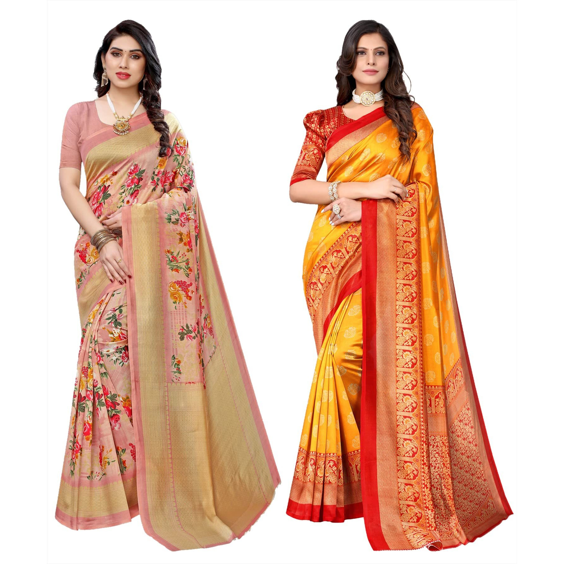 Yashika Women's Combo Art Silk Printed Saree With Blouse Piece Pack Of 2(AIR PEACH-MINALI MUSTARD)