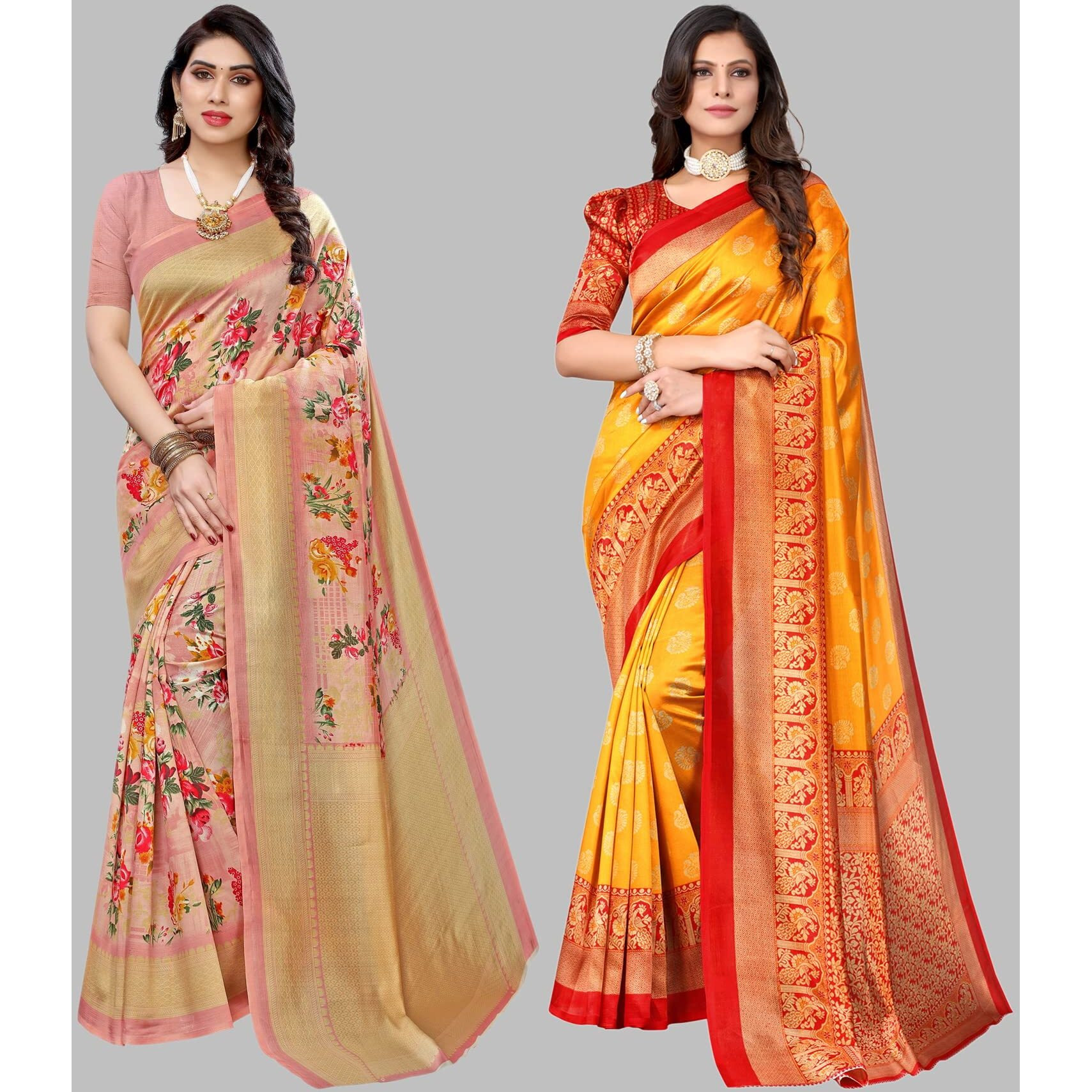 Yashika Women's Combo Art Silk Printed Saree With Blouse Piece Pack Of 2(AIR PEACH-MINALI MUSTARD)