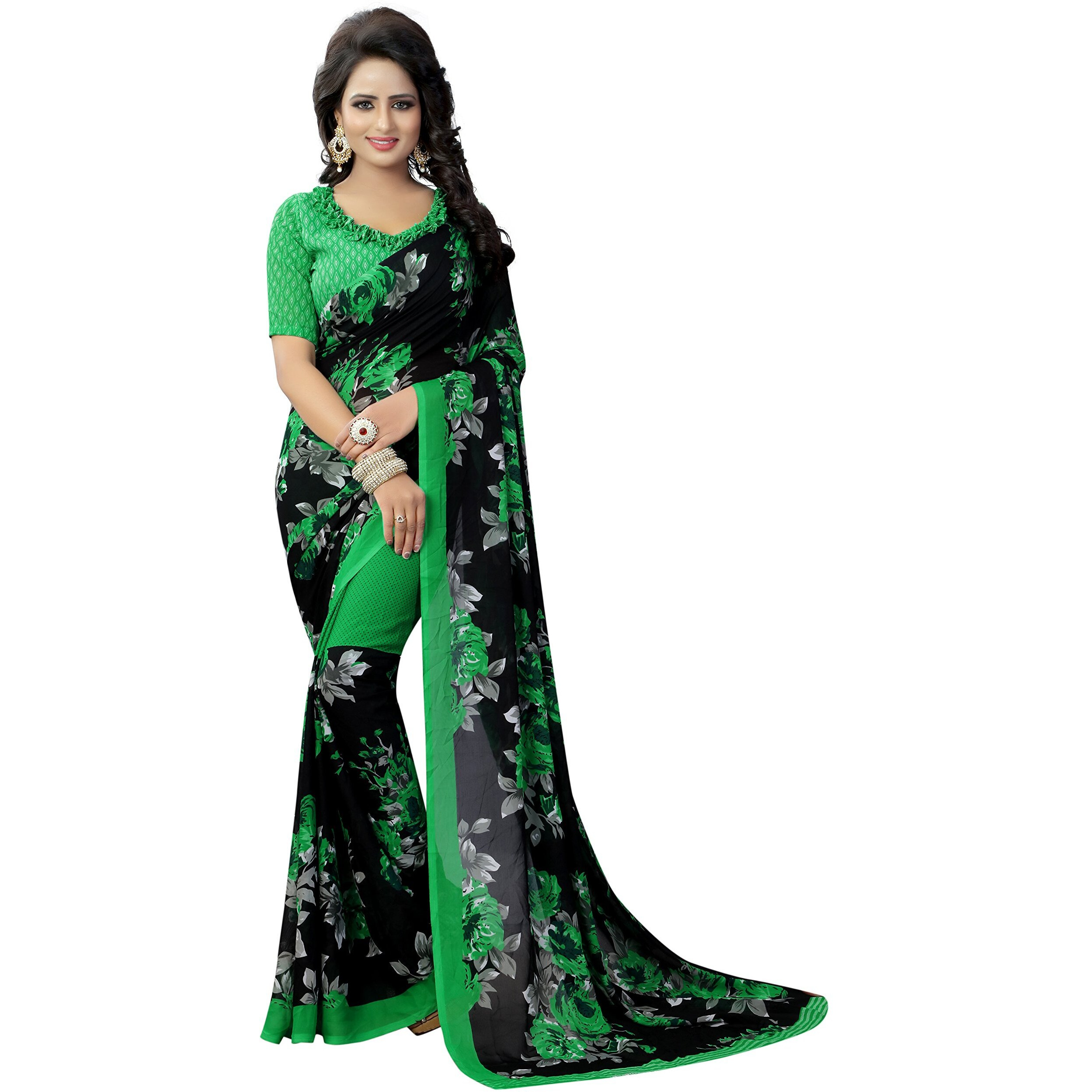 Yashika Women's venkatagiri Georgette Blend Ready to wear Saree (SDPL-Floral_Green_Free Size)