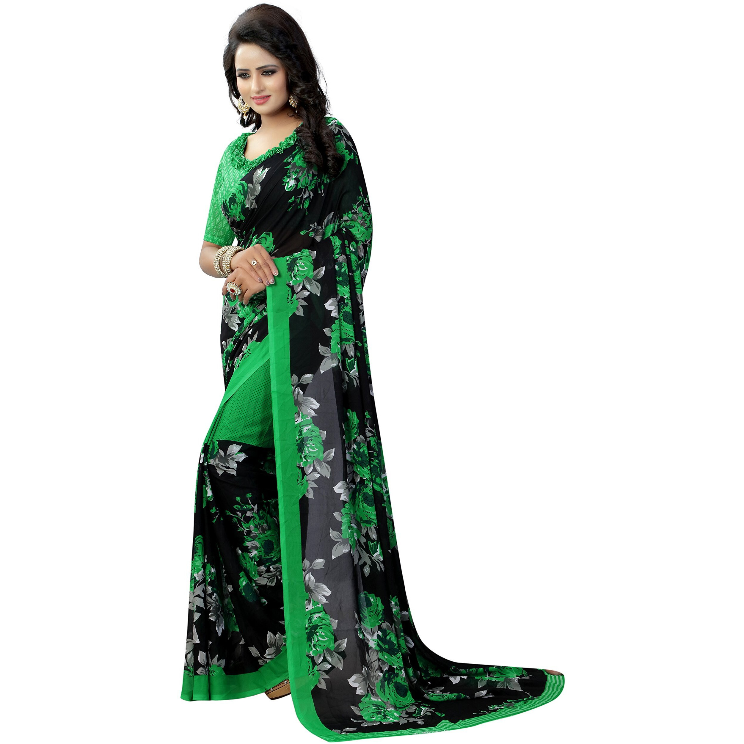 Yashika Women's venkatagiri Georgette Blend Ready to wear Saree (SDPL-Floral_Green_Free Size)