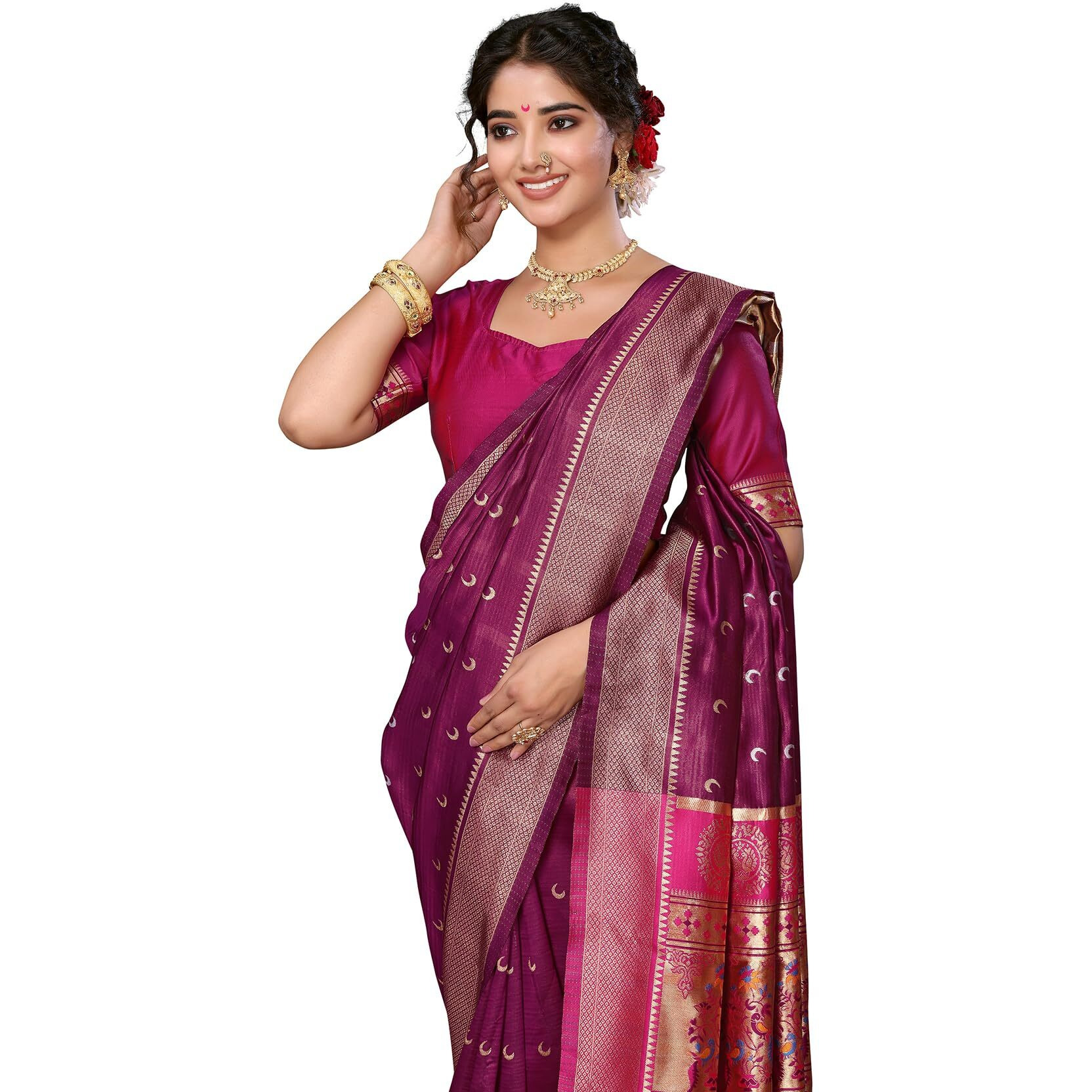 Yashika Women's Banarasi Silk Chandrakor Paithani Saree in Golden Zari Border, Saree with Crescent Moon Motifs and Peacock Design, Includes Unstitched Blouse Material (AZ-YS-P3-CHANDRA PURPLE)