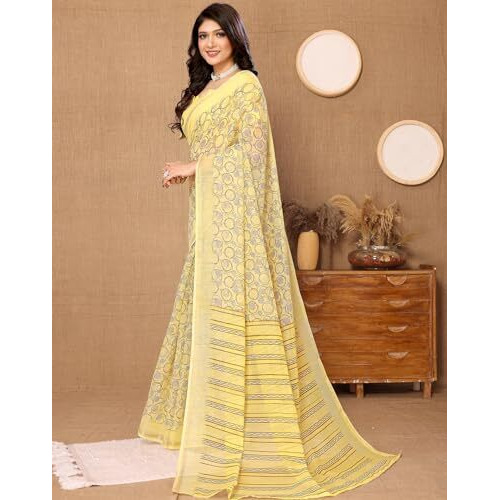 Yashika Women's Saree with Matching Unstitched Blouse and Linen Blend Fabric for Ultimate Comfort - Suitable for Parties, Festivals, Weddings (AZ-YS-P1-ROMAN YELLOW)