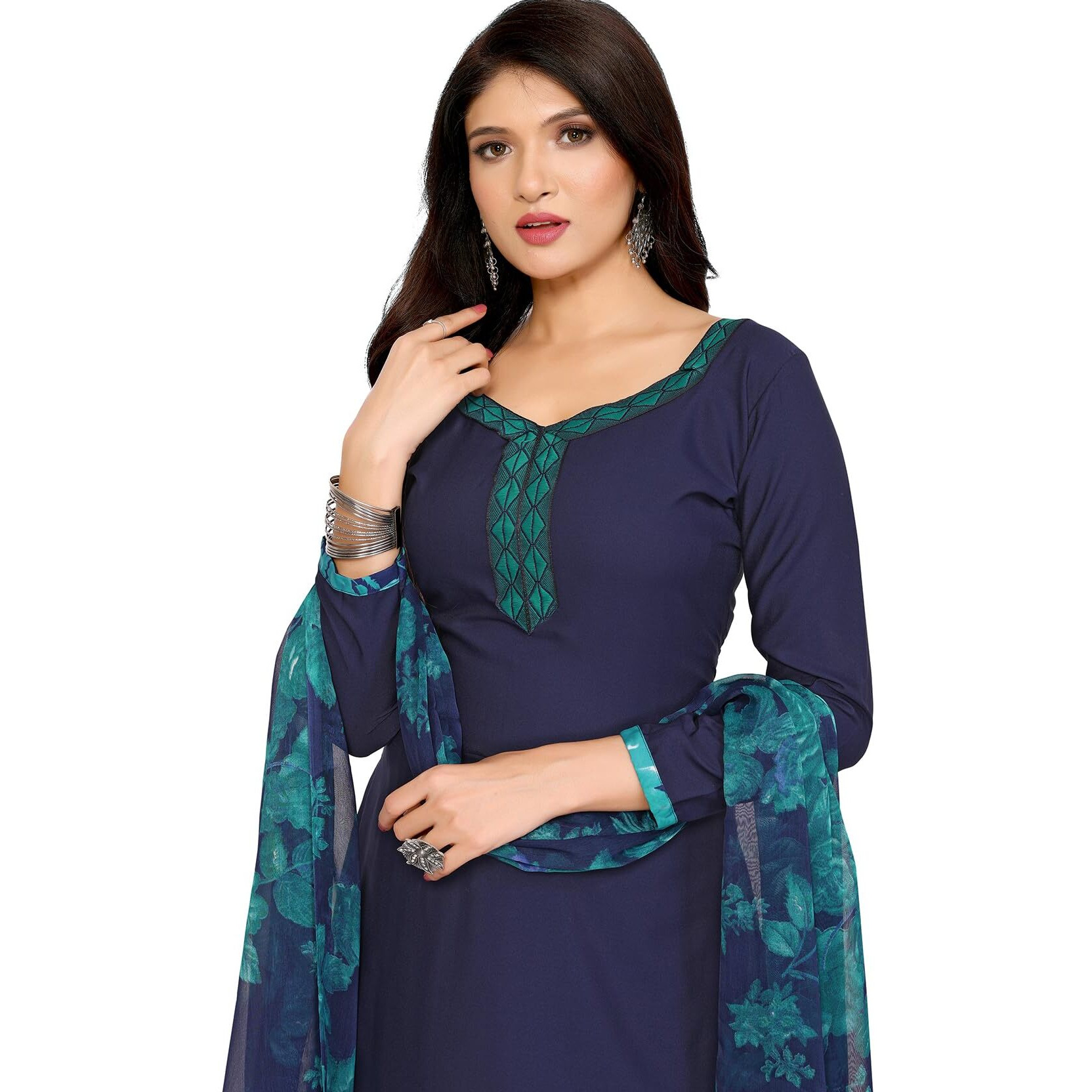 Yashika Women's Printed Dress Material - Unstitched Crepe Fabric Kurti, Pants & Dupatta Set (AZ-YS-P4-RIDDHI NAVY), Customizable Length