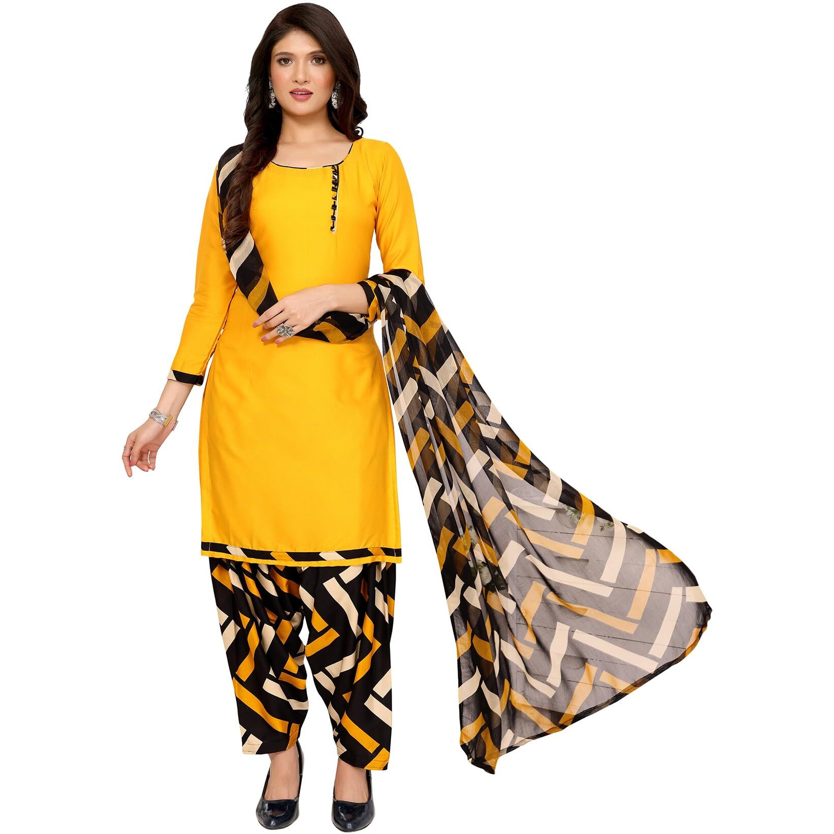 Yashika Women's Printed Dress Material - Unstitched Crepe Fabric Kurti, Pants & Dupatta Set (AZ-YS-P1-MALVIKA YELLOW)