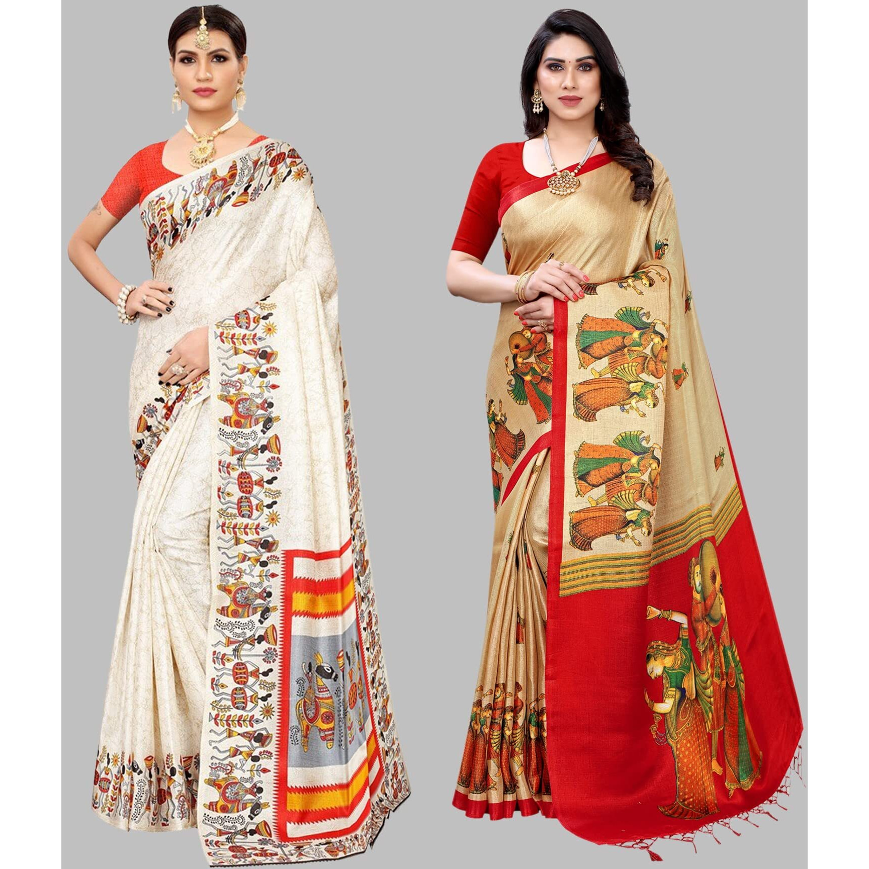 Yashika Women's Combo Art Silk Printed Saree With Blouse Piece Pack Of 2(VIVO ORANGE-RAJARANI CHICKU)
