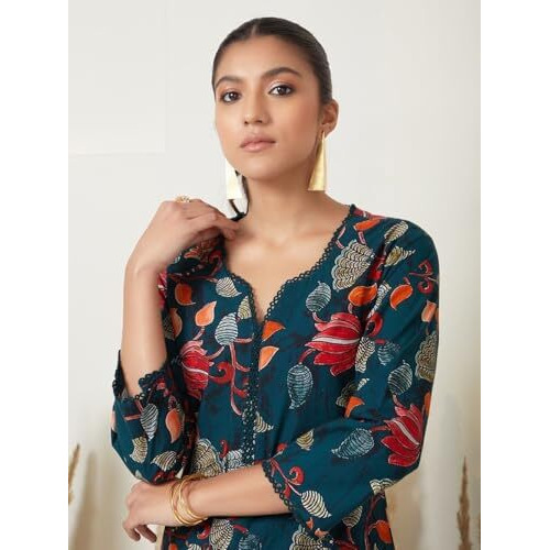 Yashika Women's Regular 3/4 Sleeve Floral Printed Kurti Pant Set, Cotton Blend, Knee Length, Stylish Ethnic Outfit, Office, and Casual Occasions (AZ-YS-OG1-KS2166-Parent_Rama