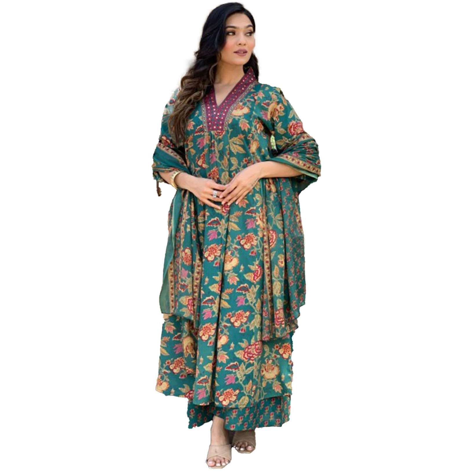 Yashika Women's Regular Cotton Blend Floral Printed Kurta Plazzo Set with Dupatta Suitable for Every Indian Occasion (AZ-YS-OG-KS2171-Parent_Green