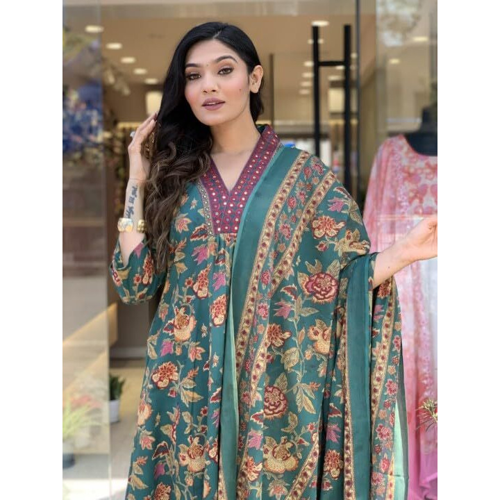 Yashika Women's Regular Cotton Blend Floral Printed Kurta Plazzo Set with Dupatta Suitable for Every Indian Occasion (AZ-YS-OG-KS2171-Parent_Green