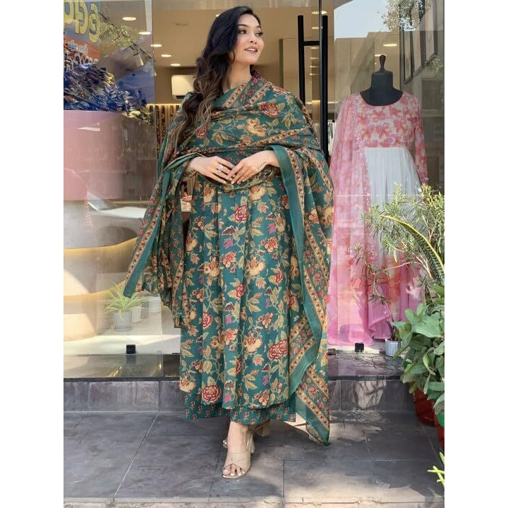Yashika Women's Regular Cotton Blend Floral Printed Kurta Plazzo Set with Dupatta Suitable for Every Indian Occasion (AZ-YS-OG-KS2171-Parent_Green