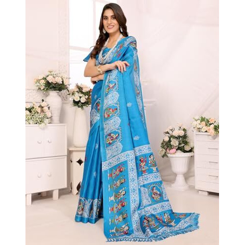Yashika Women's Woven Latest Art Silk and Tassels Saree with Unstitched Blouse Material (AZ-YS-P1-NAFIZA-Parent_Blue)