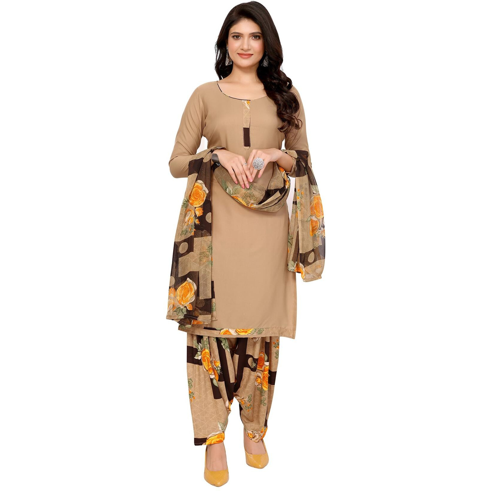 Yashika Women's Printed Dress Material - Unstitched Crepe Fabric Kurti, Pants & Dupatta Set (AZ-YS-P1-ADMIRING YELLOW)