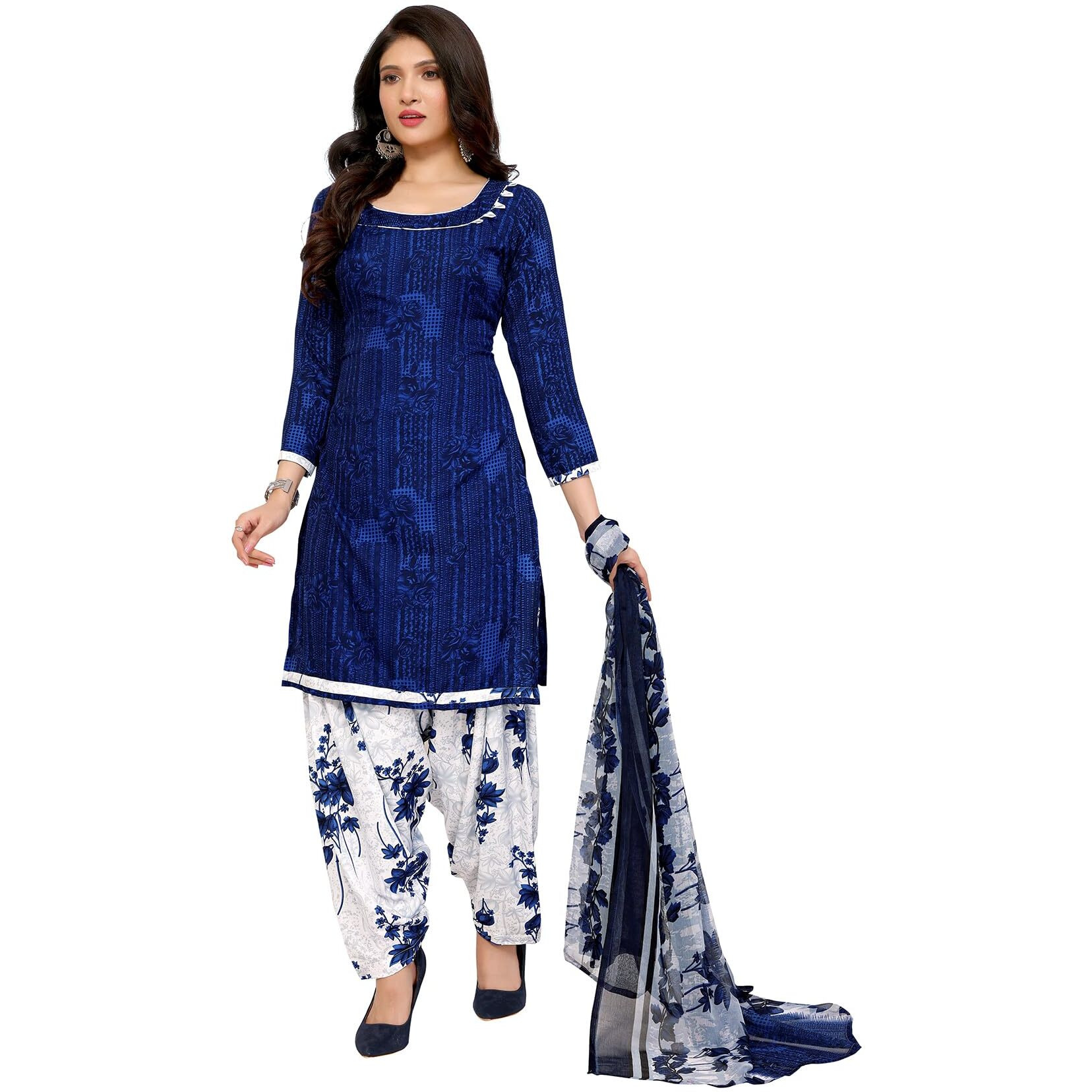 Yashika Women's Printed Dress Material - Unstitched Crepe Fabric Kurti, Pants & Dupatta Set (AZ-YS-P1-NITU BLUE)
