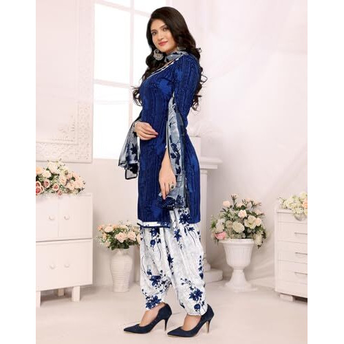Yashika Women's Printed Dress Material - Unstitched Crepe Fabric Kurti, Pants & Dupatta Set (AZ-YS-P1-NITU BLUE)