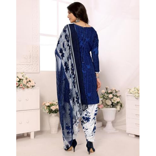 Yashika Women's Printed Dress Material - Unstitched Crepe Fabric Kurti, Pants & Dupatta Set (AZ-YS-P1-NITU BLUE)
