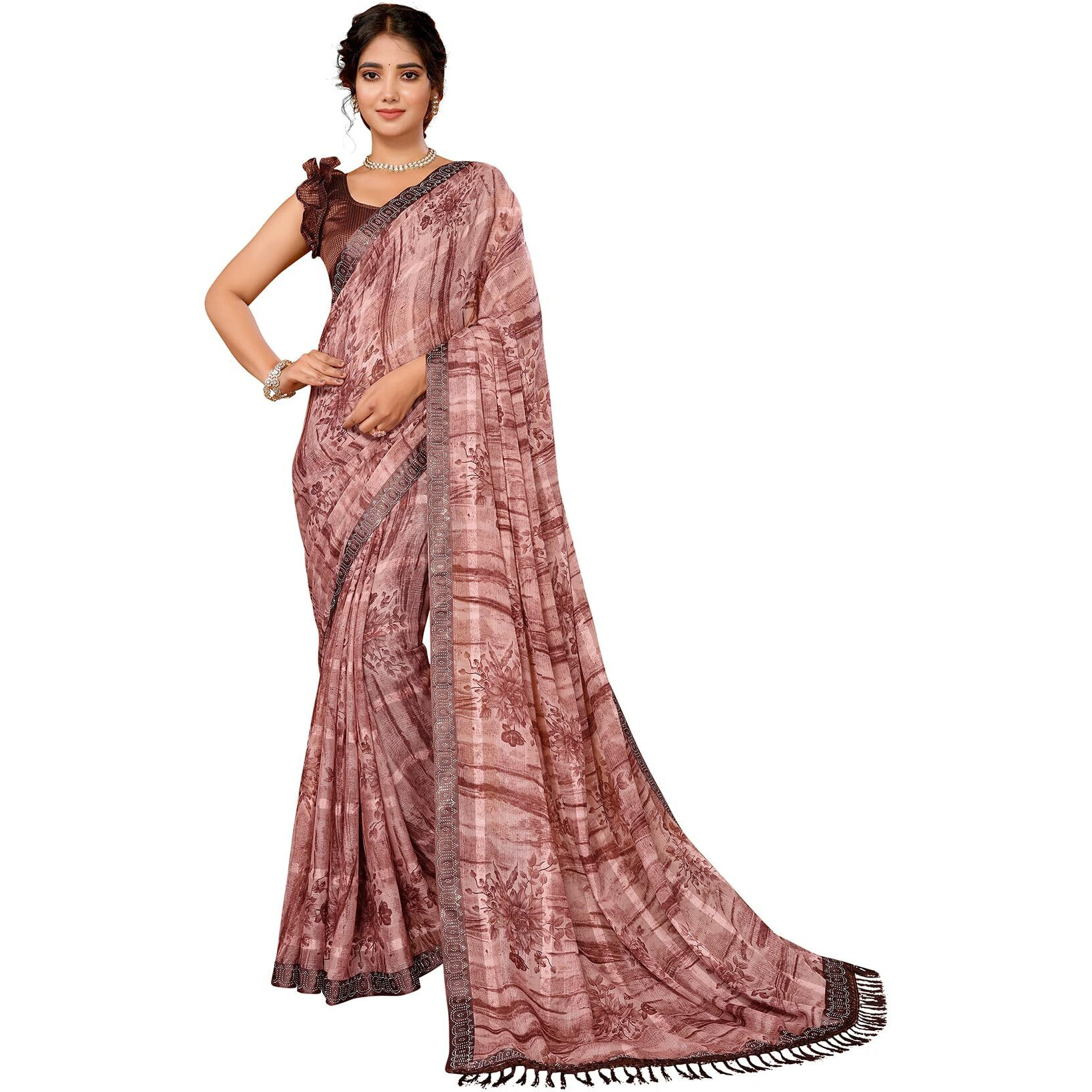 Yashika Women's Weightless Georgette Satin Printed Hot Fix Swarovski Lace with Tassels Unstitched Blouse Material Saree (AZ-YS-P1-REHANA-Parent_Coffee)