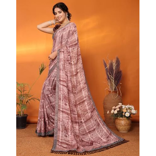 Yashika Women's Weightless Georgette Satin Printed Hot Fix Swarovski Lace with Tassels Unstitched Blouse Material Saree (AZ-YS-P1-REHANA-Parent_Coffee)
