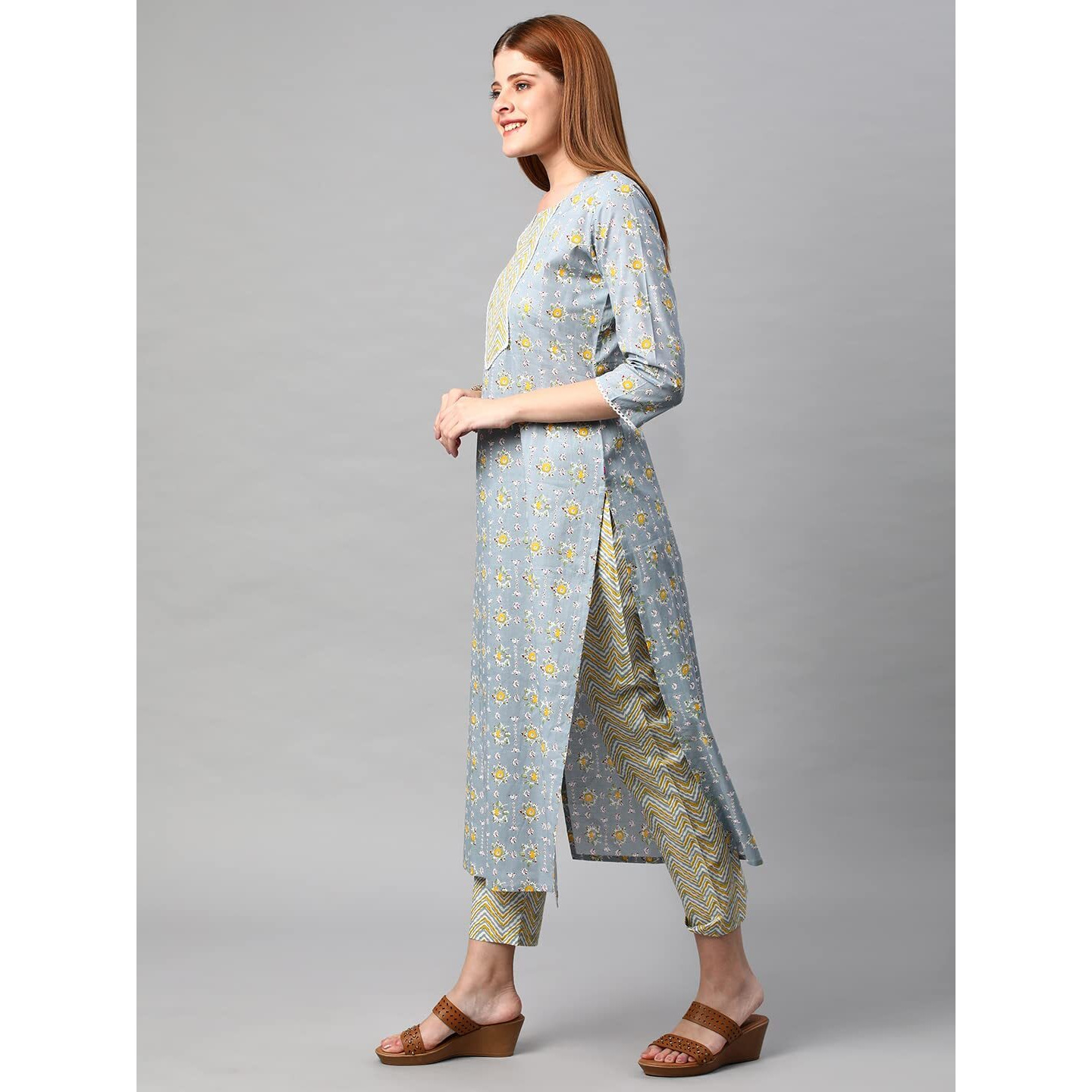 ANNI DESIGNER Women's Cotton Blend Traditional Straight Printed Kurta and Pant Set (Mikaa Grey_S_Grey_Small)