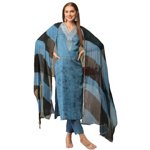 ANNI DESIGNER Women's Cotton Blend Printed Straight Kurta with Pant & Dupatta (Suhana Blue_L_Blue_Large)