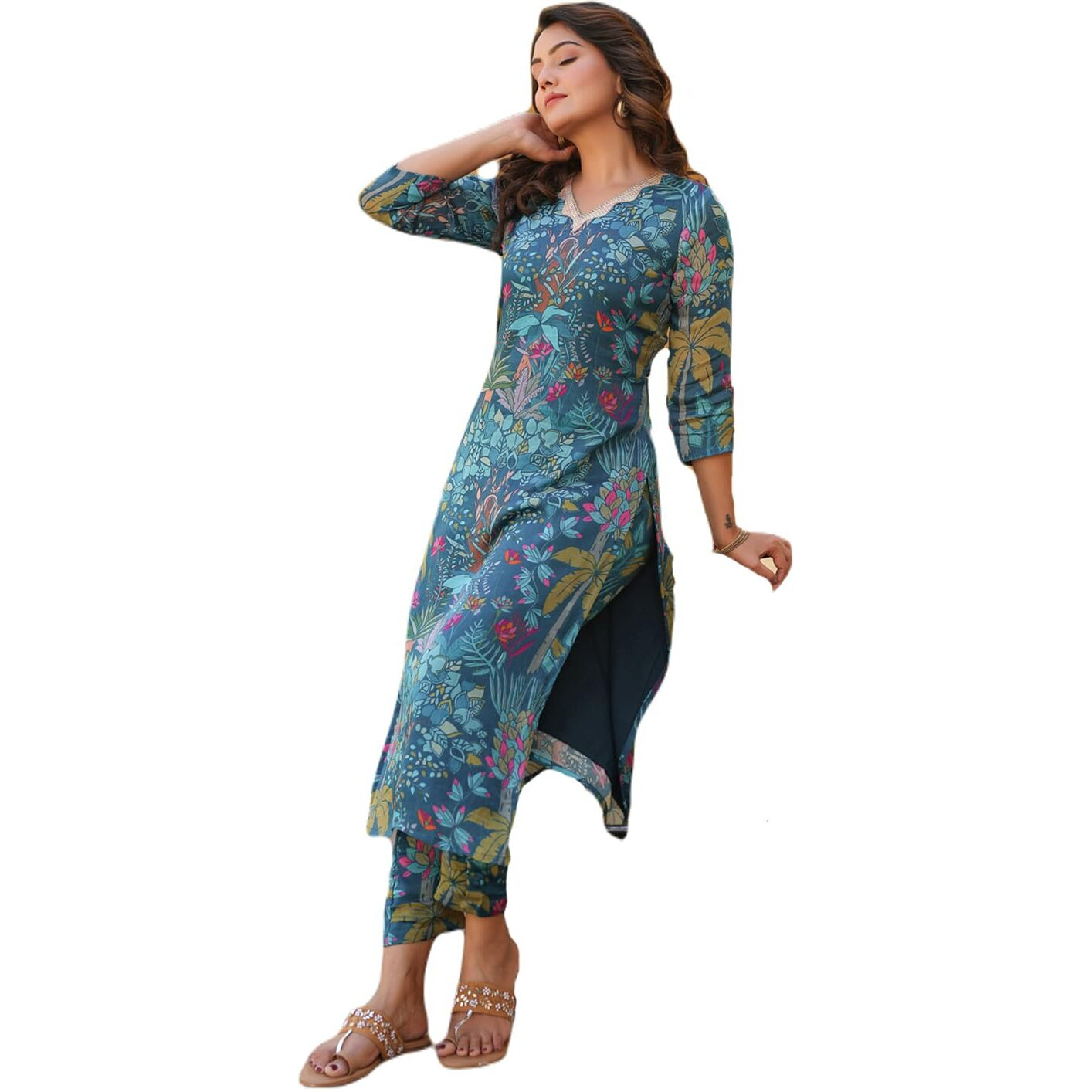 ANNI DESIGNER Women's Rayon Blend Straight Printed Kurta with Pant (Shipu Rama_L_Blue_Large)