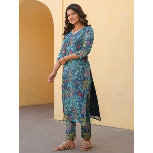 ANNI DESIGNER Women's Rayon Blend Straight Printed Kurta with Pant (Shipu Rama_L_Blue_Large)