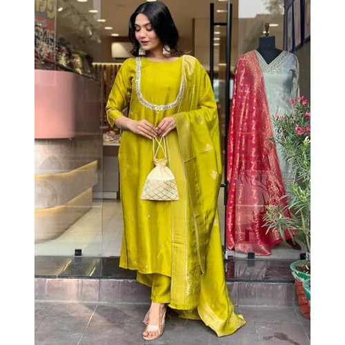 ANNI DESIGNER Women's Silk Blend Straight Embroidered Kurta with Pant & Dupatta (Deluxe GREEN-VKS01_XL_Green_X-Large)